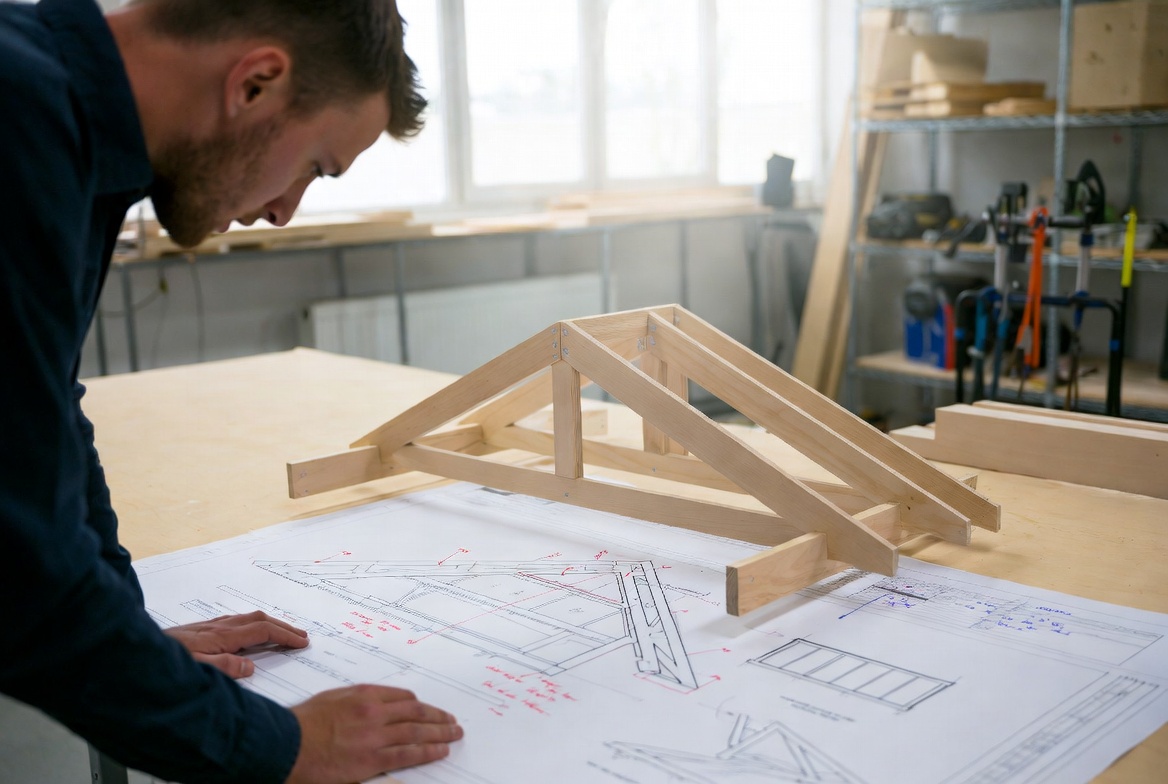 Designer reviewing a small wood truss model over roof framing drawings in a workshop.