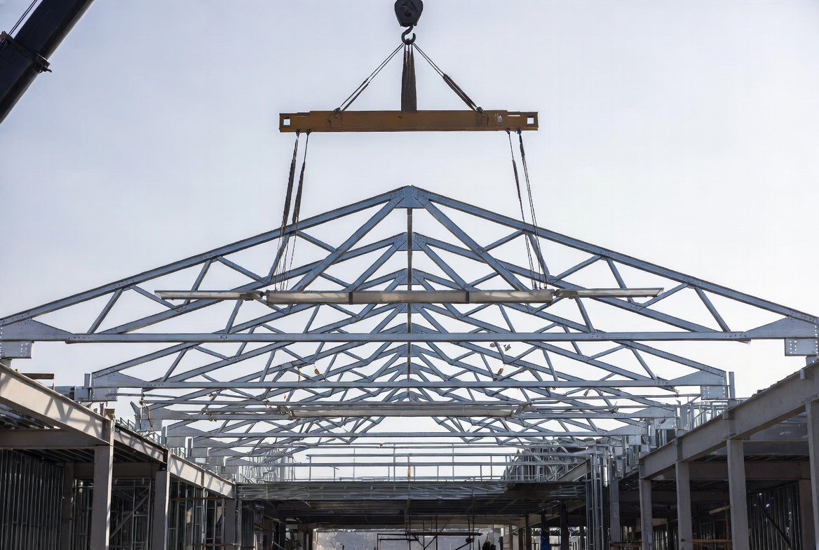 Steel roof trusses aligned across a building during crane installation.