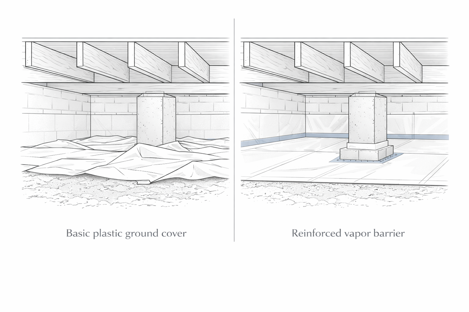Comparison of basic crawl-space ground cover and reinforced vapor barrier installation.