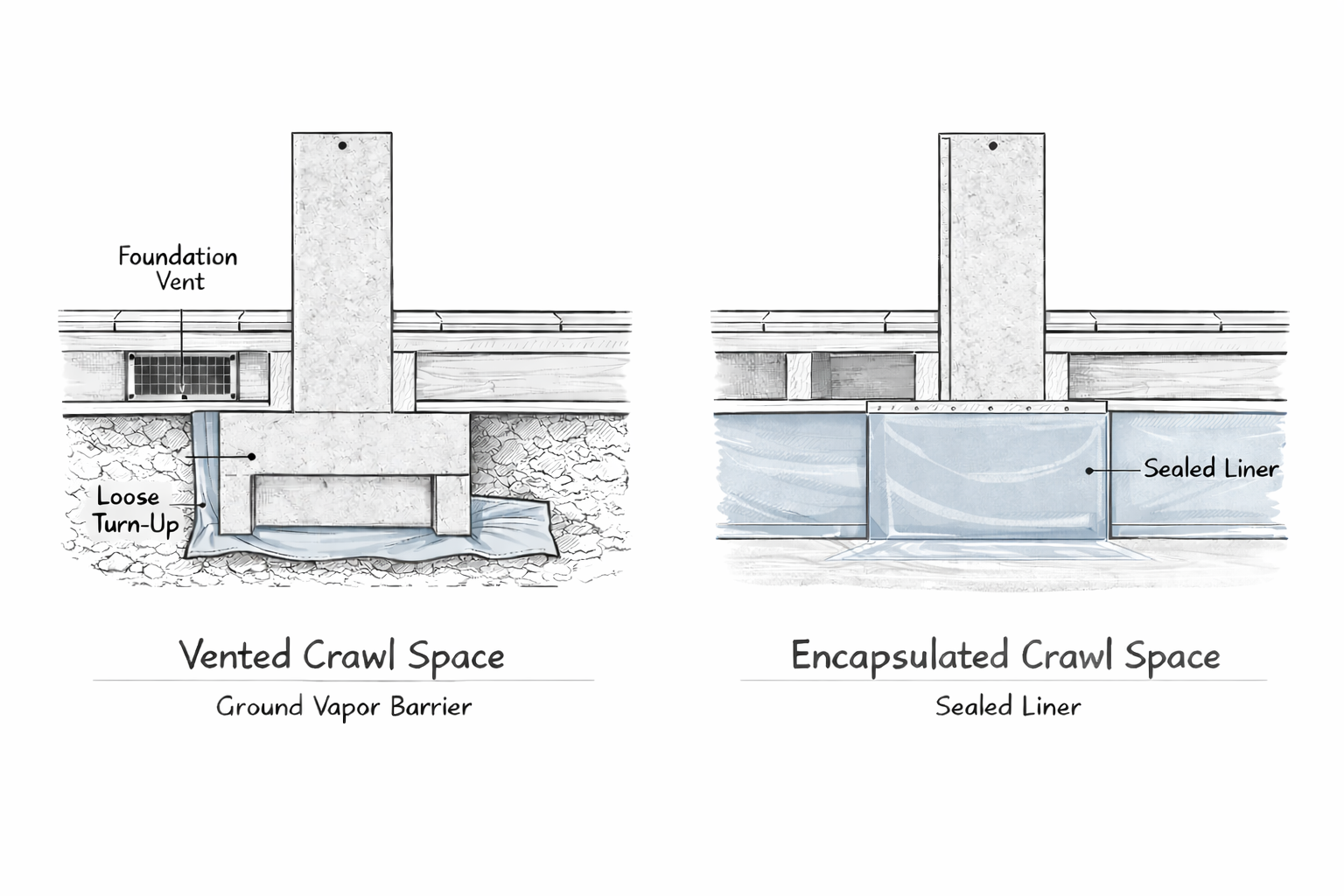 Vented crawl space vs encapsulated crawl space section with ground barrier and sealed liner.