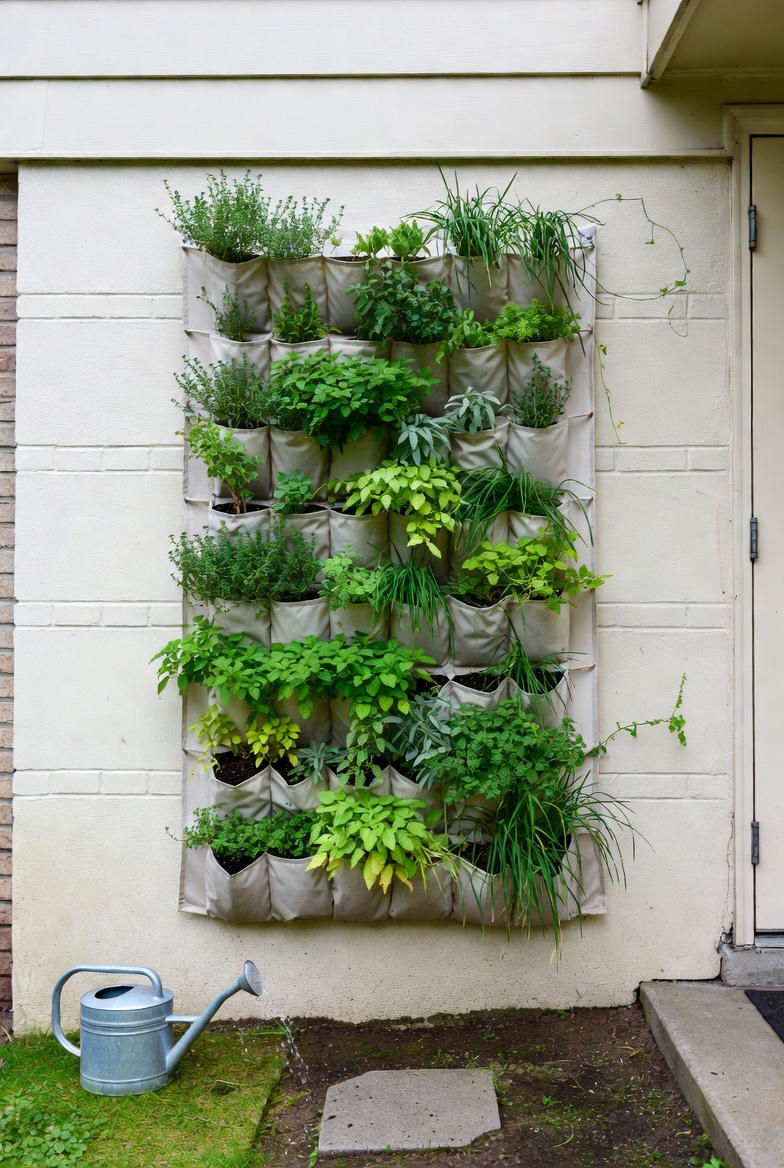 Vertical herb garden mounted on an exterior wall beside a small patio door.