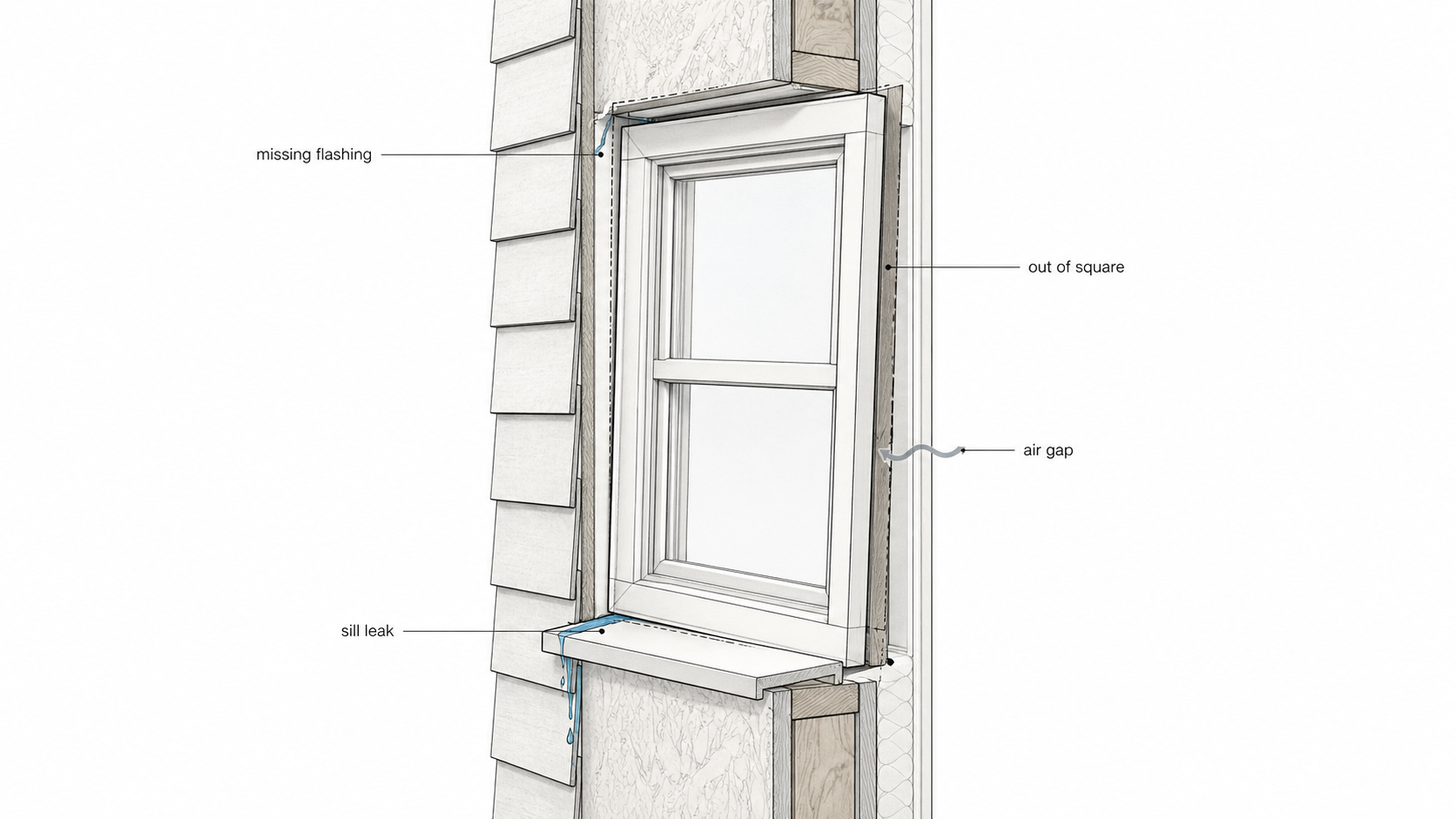 Simplified wall section showing common DIY window installation failures at the sill, flashing, rough opening, and frame alignment.