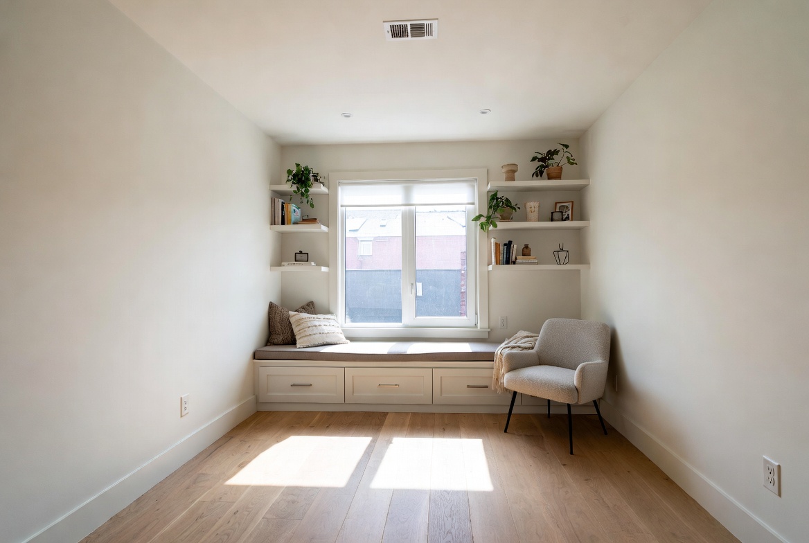 Small room with built-in window bench, floating shelves, and open floor space at the center.