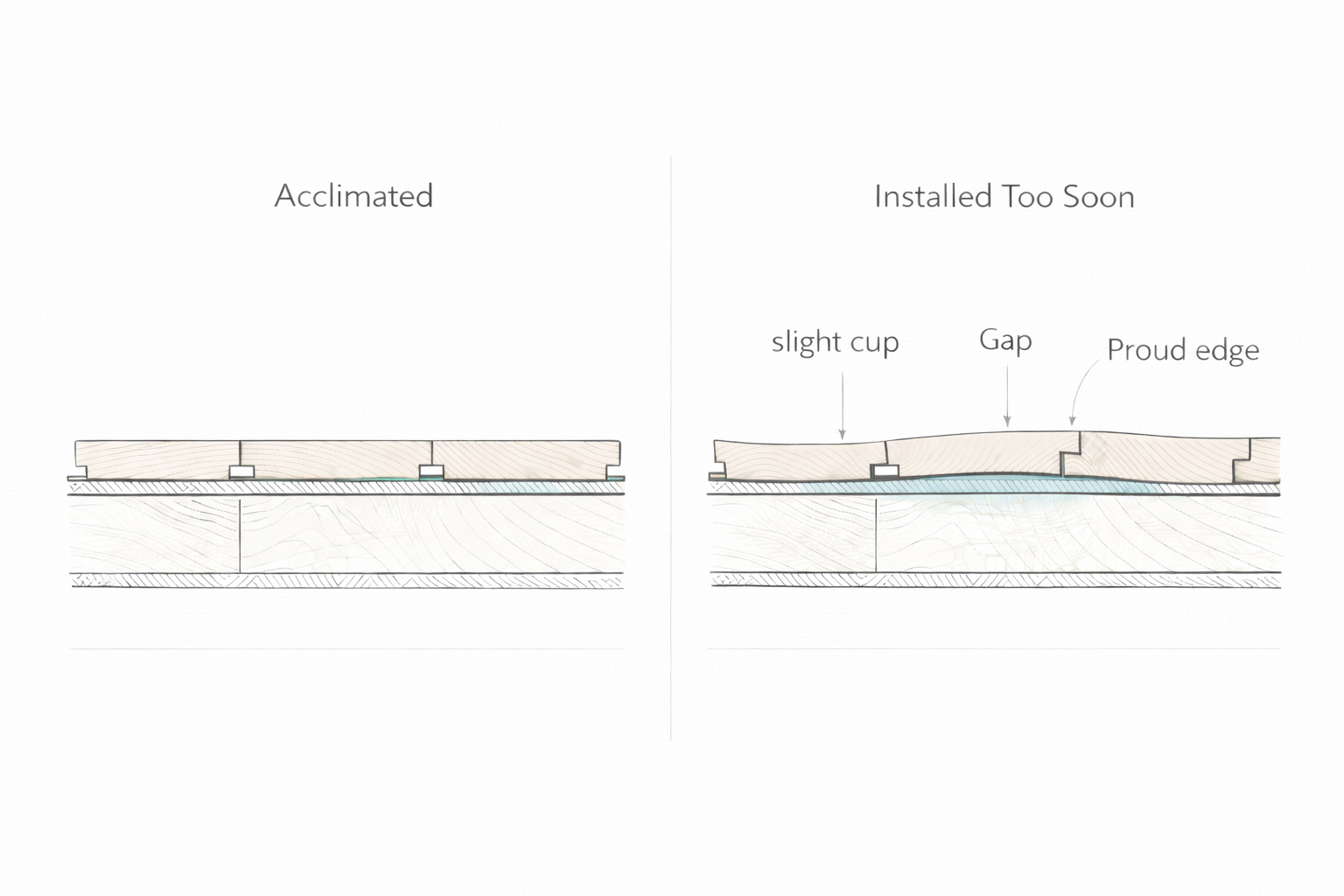 Side-by-side diagram comparing acclimated wood flooring with wood installed too soon, showing slight cupping, a gap, and a proud edge.