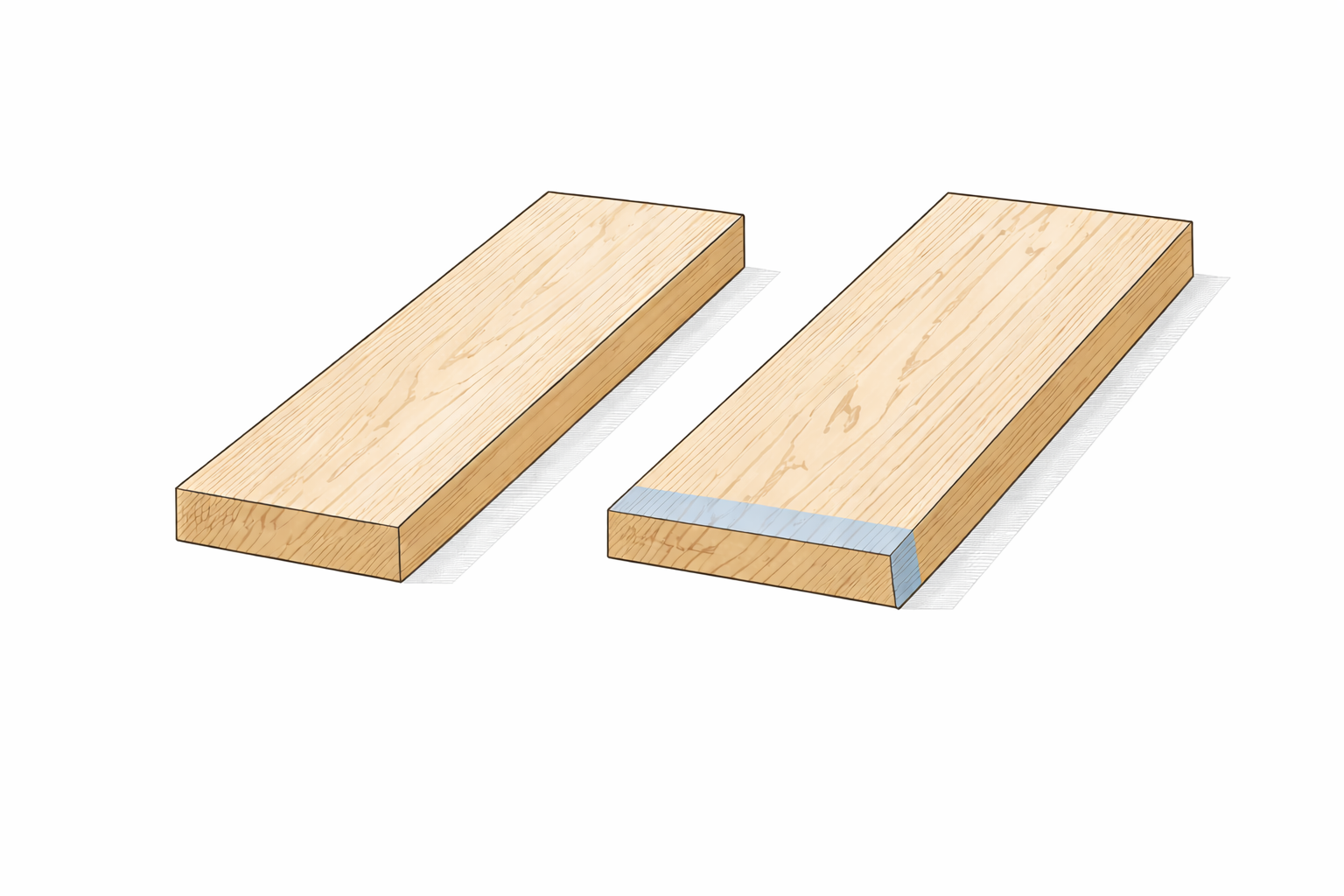 Two solid wood boards shown in drier and wetter states with subtle width change across the grain.