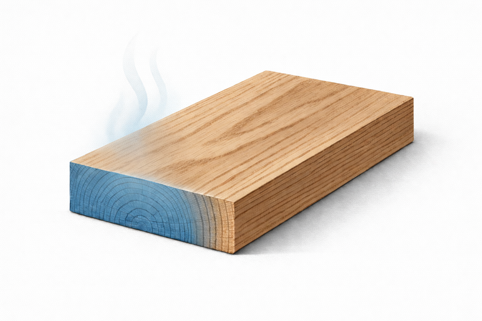 Solid wood board showing end grain, face grain, and edge grain, with moisture concentrated at the end grain.