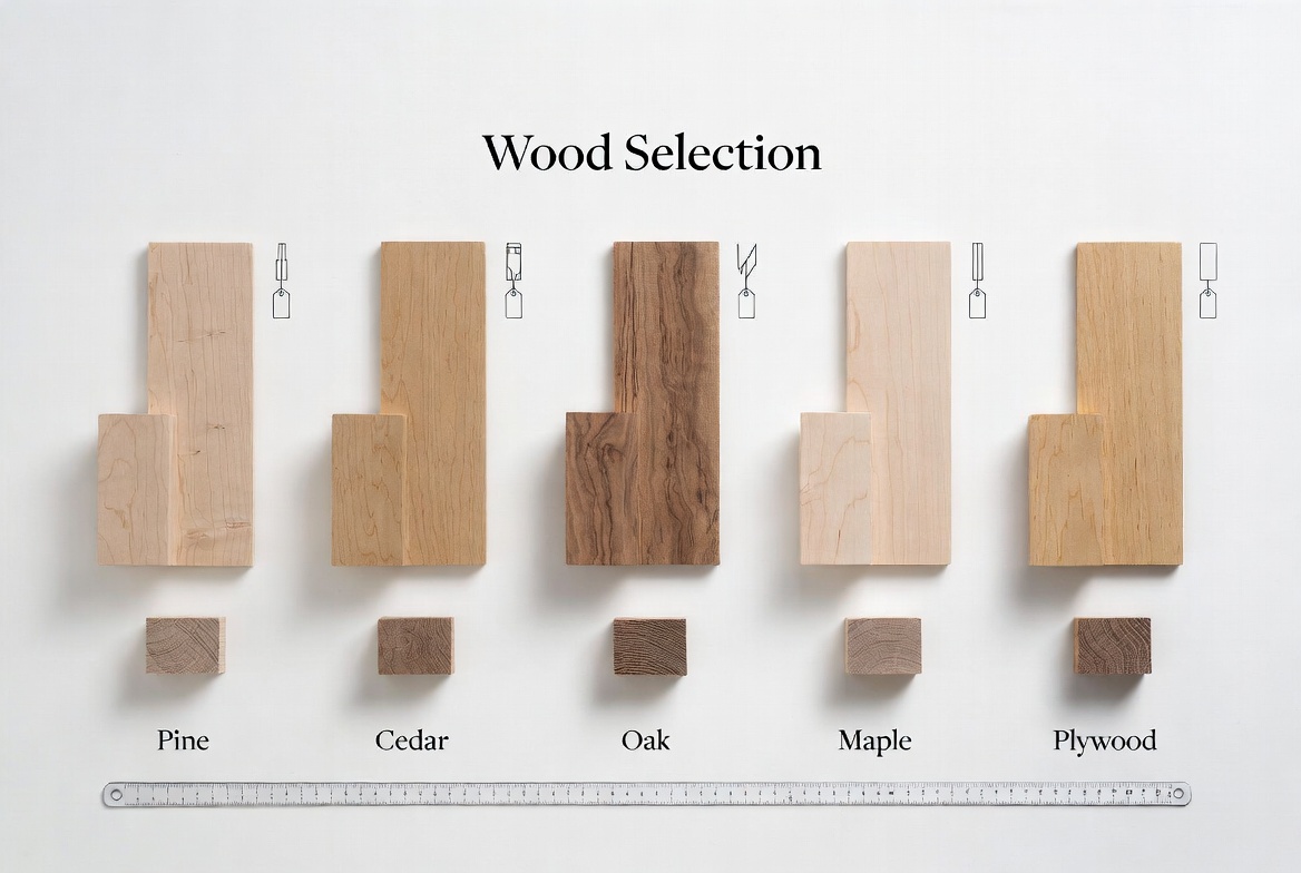 Wood samples being compared over a workshop table with drawings and additional board samples.
