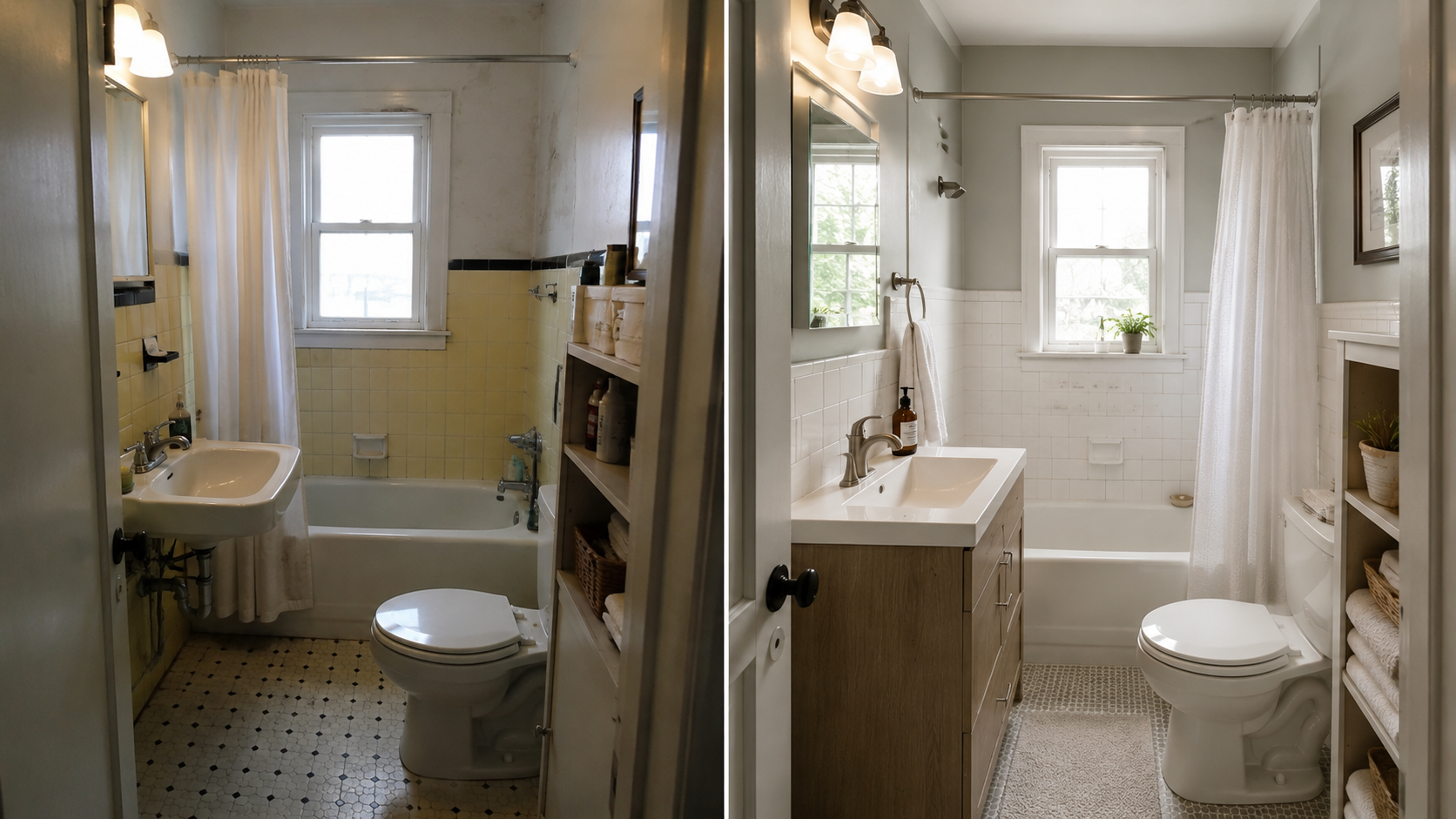 Before and after comparison of a small 1940s bathroom with dated tile, weak lighting, worn floor, improved storage, brighter finishes, and better fixtures.