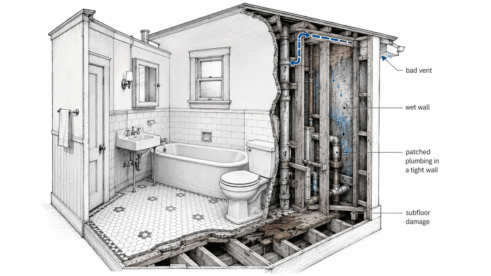 1940s bathroom cutaway showing hidden venting, plumbing, wall moisture, and subfloor damage.