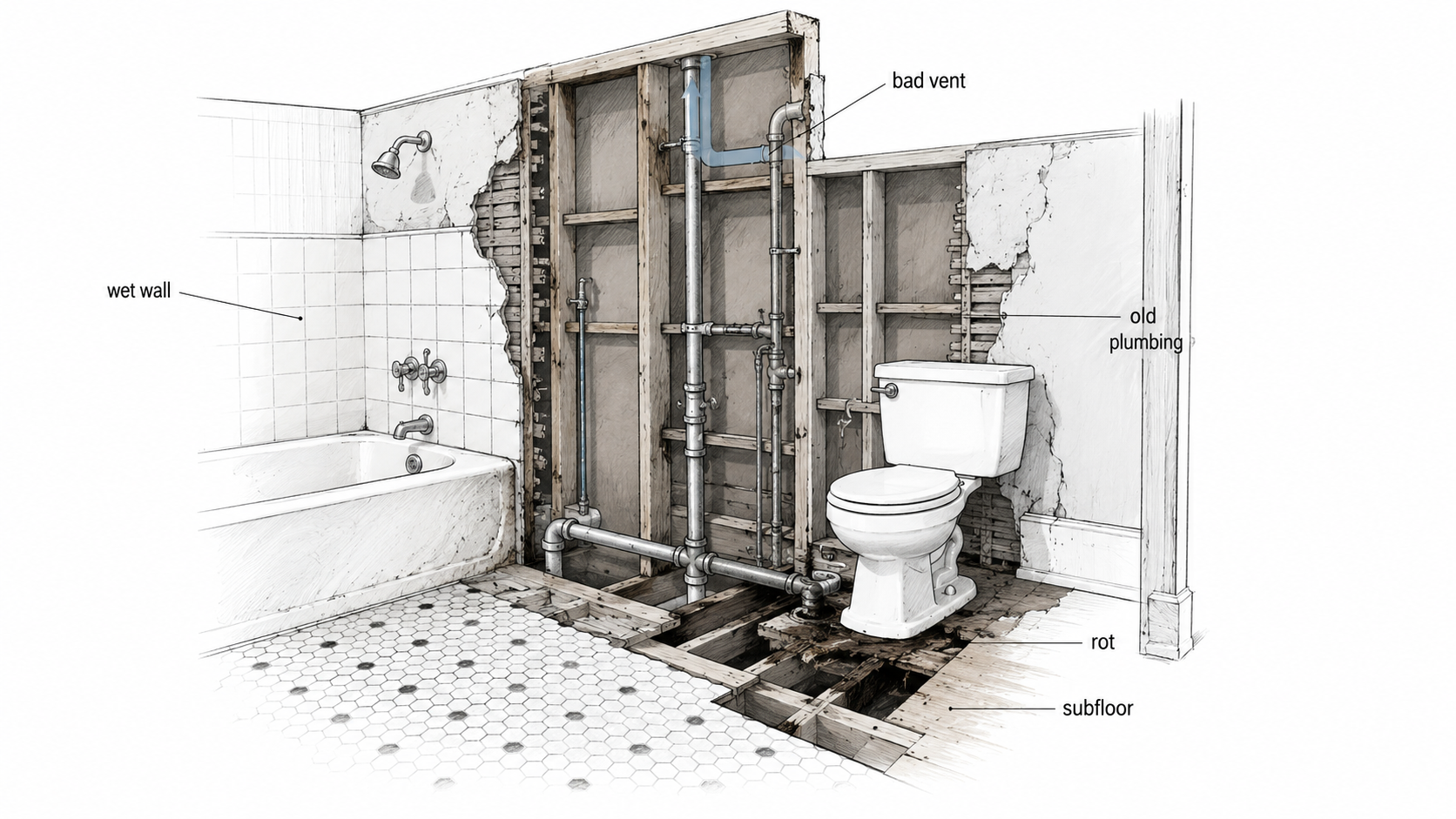 Cutaway bathroom renovation diagram showing hidden plumbing, venting, wall damage, and rotted subfloor problems inside a 1940s bathroom wall and floor assembly.
