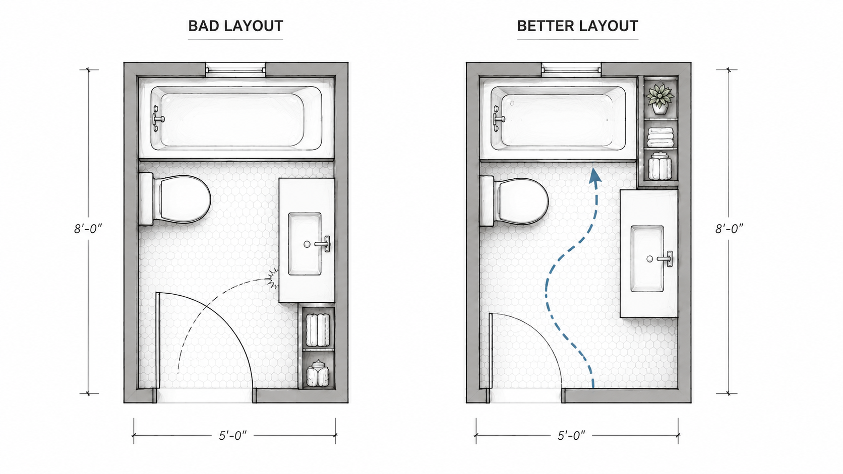 Comparison diagram of small 1940s bathroom layouts showing a door conflict, tight clearance, broken storage, better path, and improved storage.