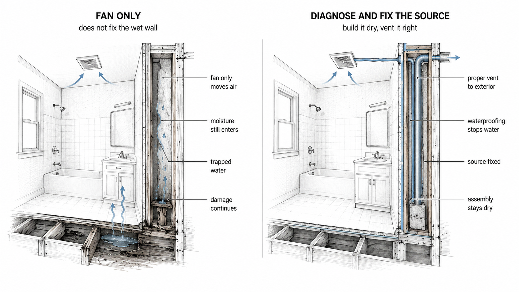 Comparison diagram showing a bathroom exhaust fan that does not fix trapped wall moisture versus a corrected bathroom wall with proper venting and waterproofing.