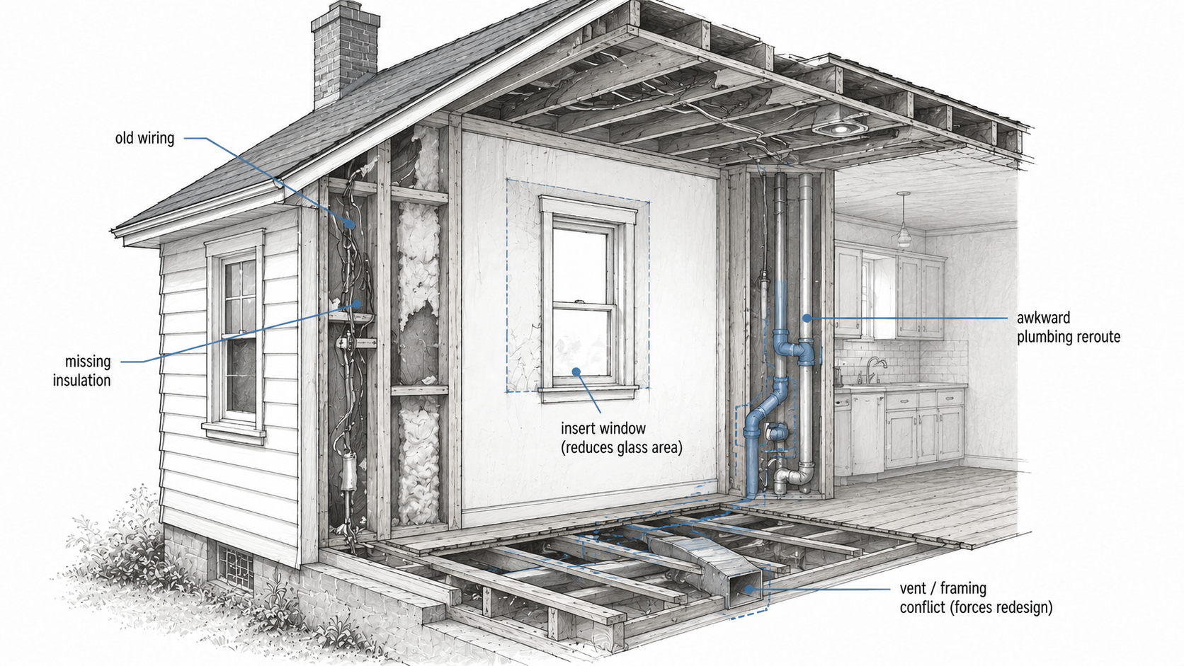 Cutaway of a 1940s house renovation showing old wiring, missing insulation, insert window, plumbing reroute, and vent framing conflict.
