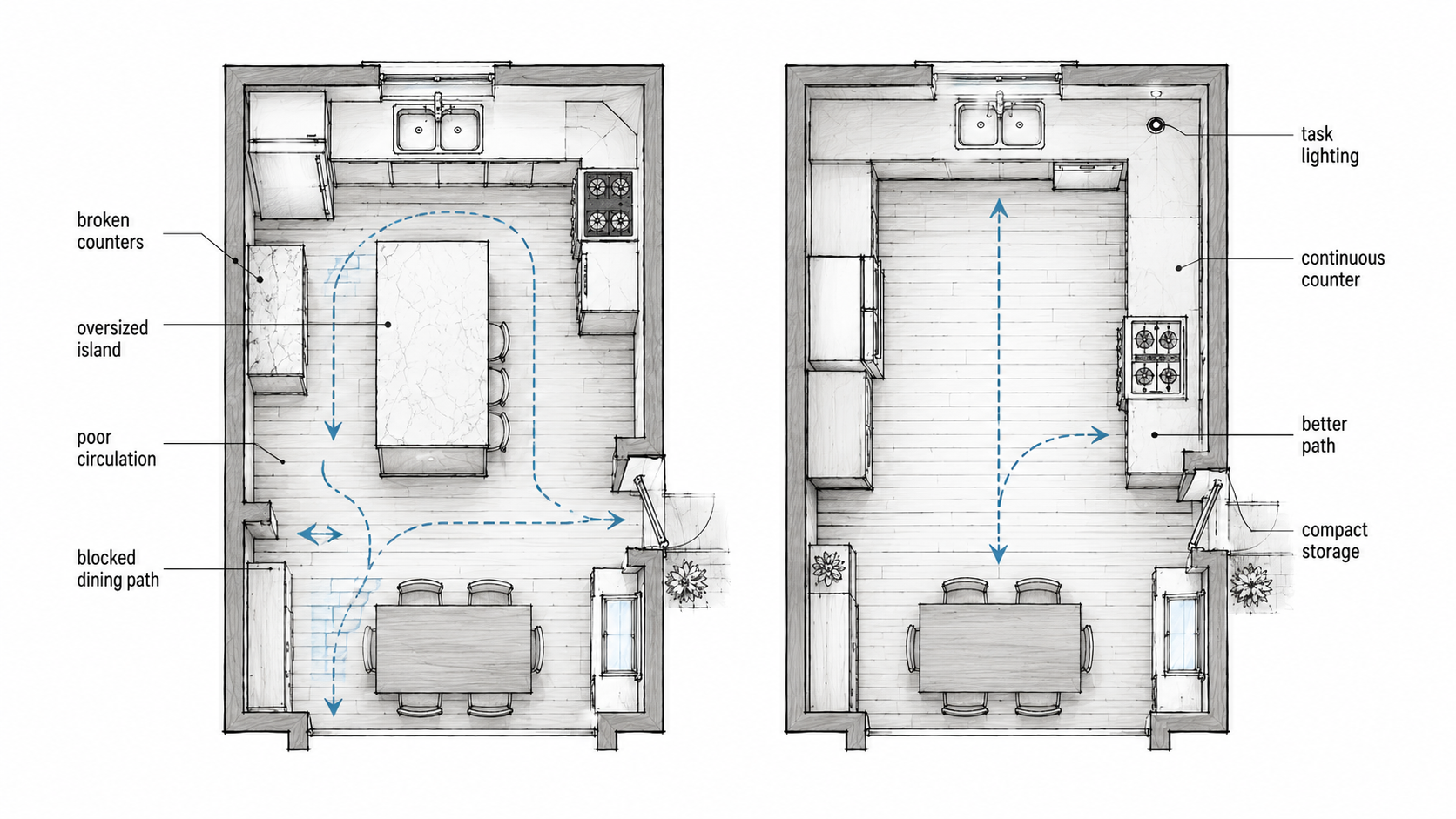 Comparison of a cramped 1940s kitchen update with an oversized island and a better layout with continuous counters and clearer circulation.