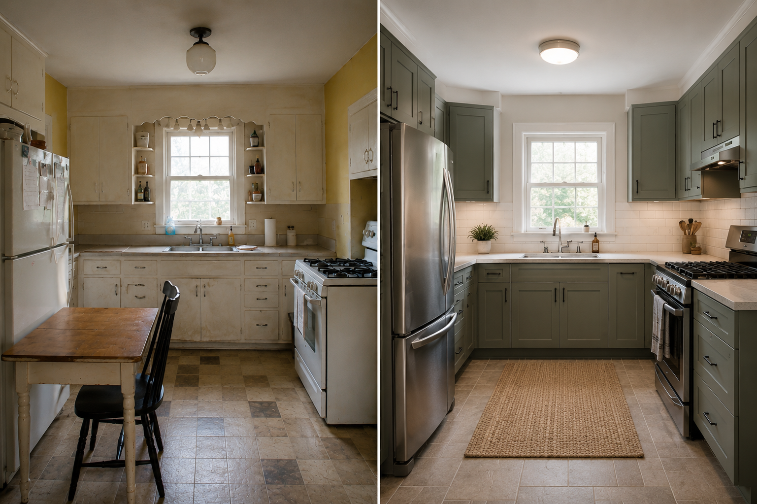 Before and after comparison of a small 1940s kitchen showing dated cabinets, weak lighting, worn flooring, updated cabinets, better counters, and improved lighting.