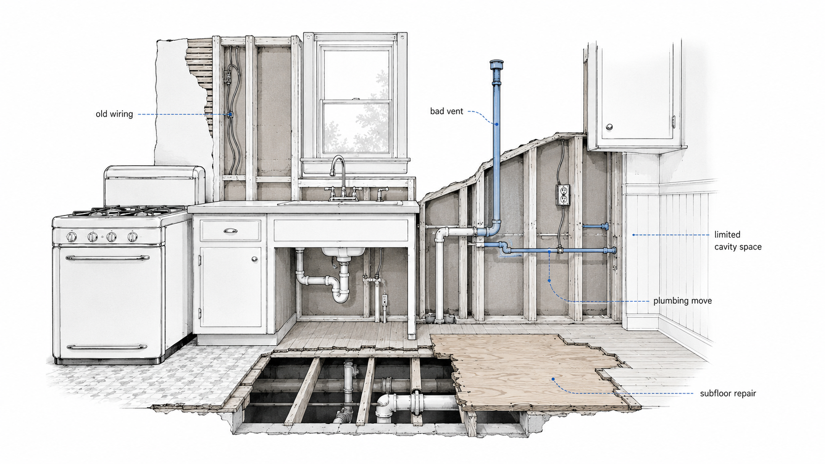 Cutaway diagram of a 1940s kitchen renovation showing old wiring, bad venting, plumbing move, limited wall cavity space, and subfloor repair.