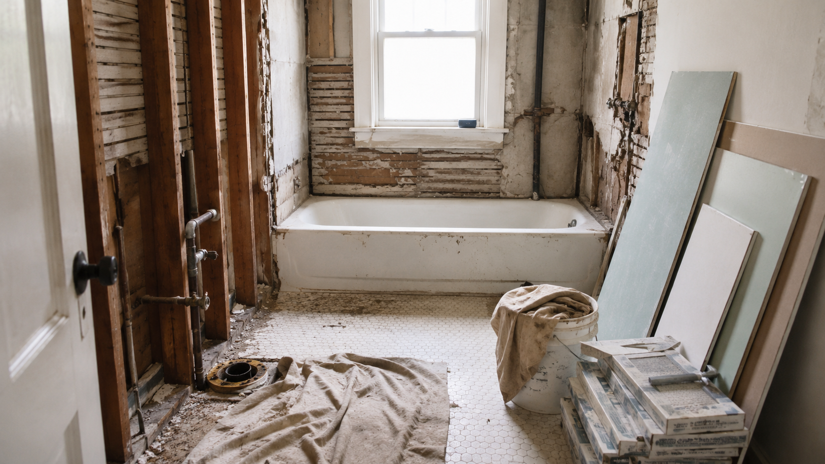 Small 1940s one-bath bathroom mid-remodel with removed toilet, exposed walls, stacked materials, and an unusable bathroom during renovation.