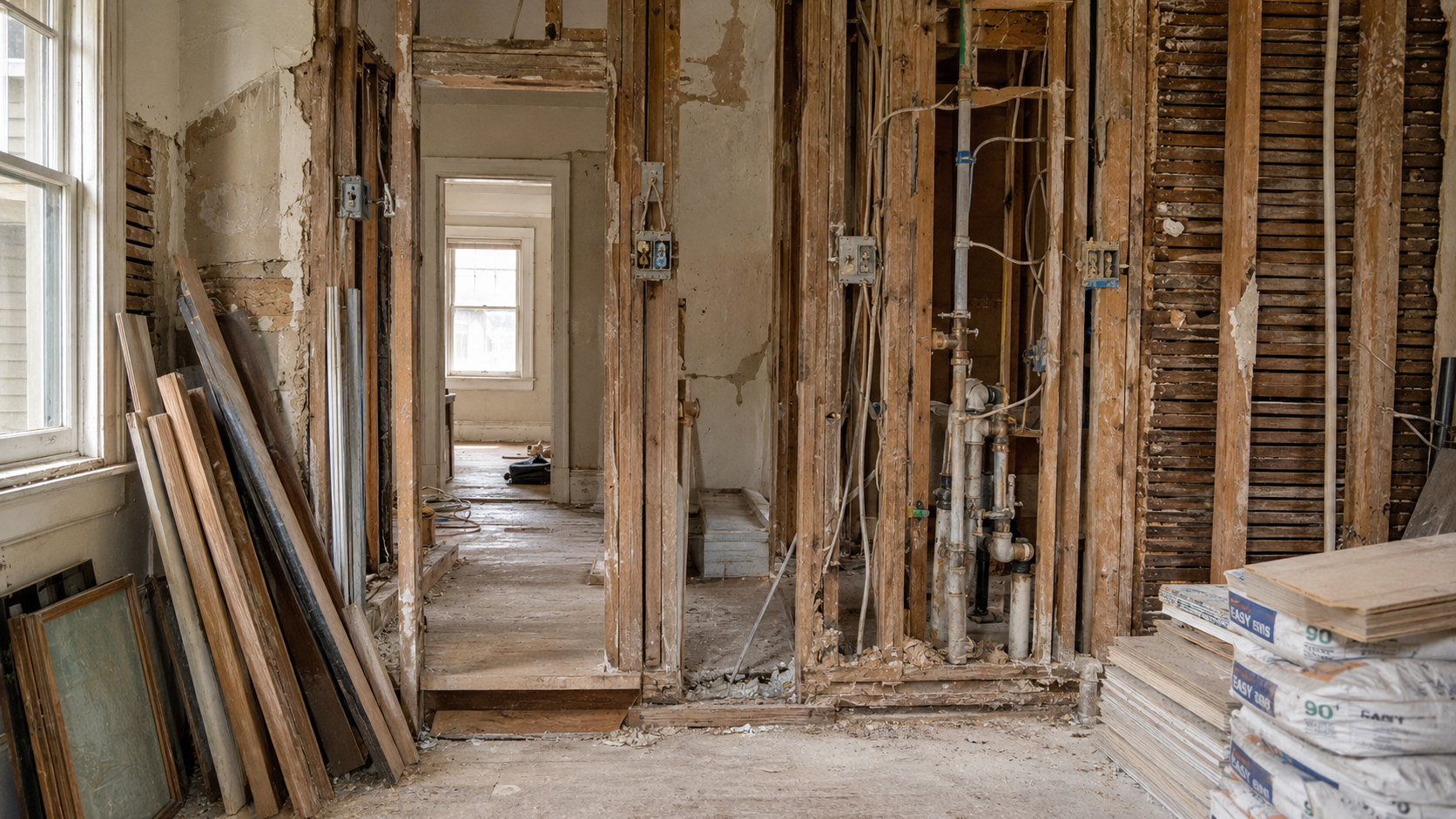1940s house interior mid-renovation with opened plaster walls, old wiring, plumbing, and patched framing.