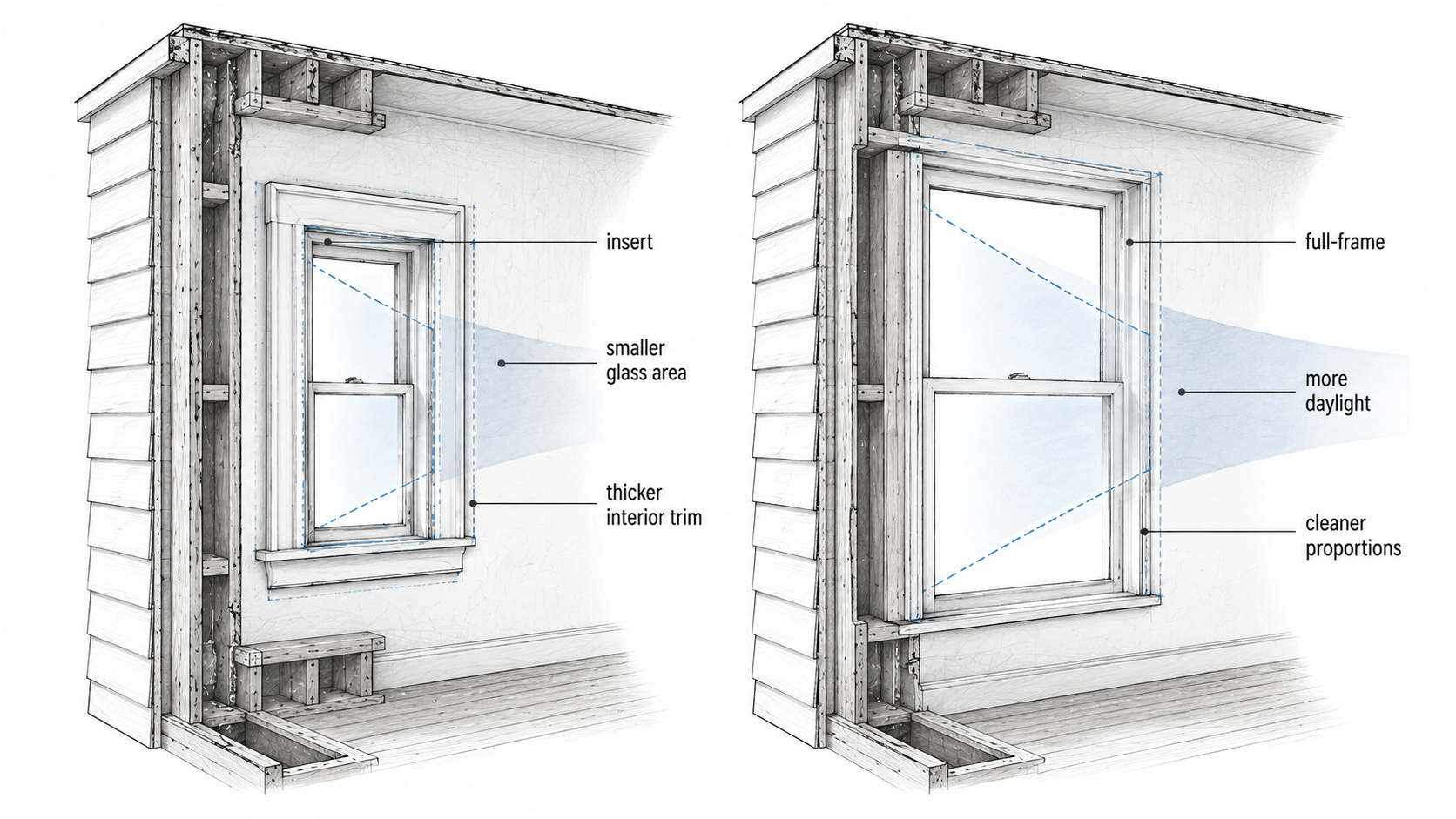 Comparison of insert replacement window and full-frame window in a 1940s wall showing smaller glass area and better daylight.