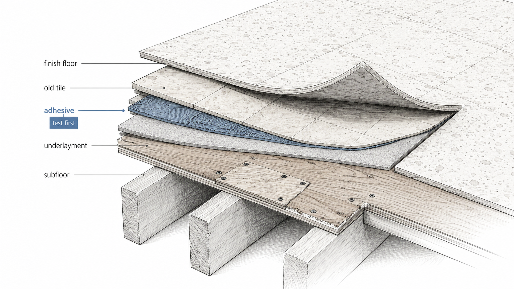 Close-up cutaway diagram of old 1950s kitchen floor layers showing finish flooring, old tile, adhesive, underlayment, patched subfloor, and joists below.