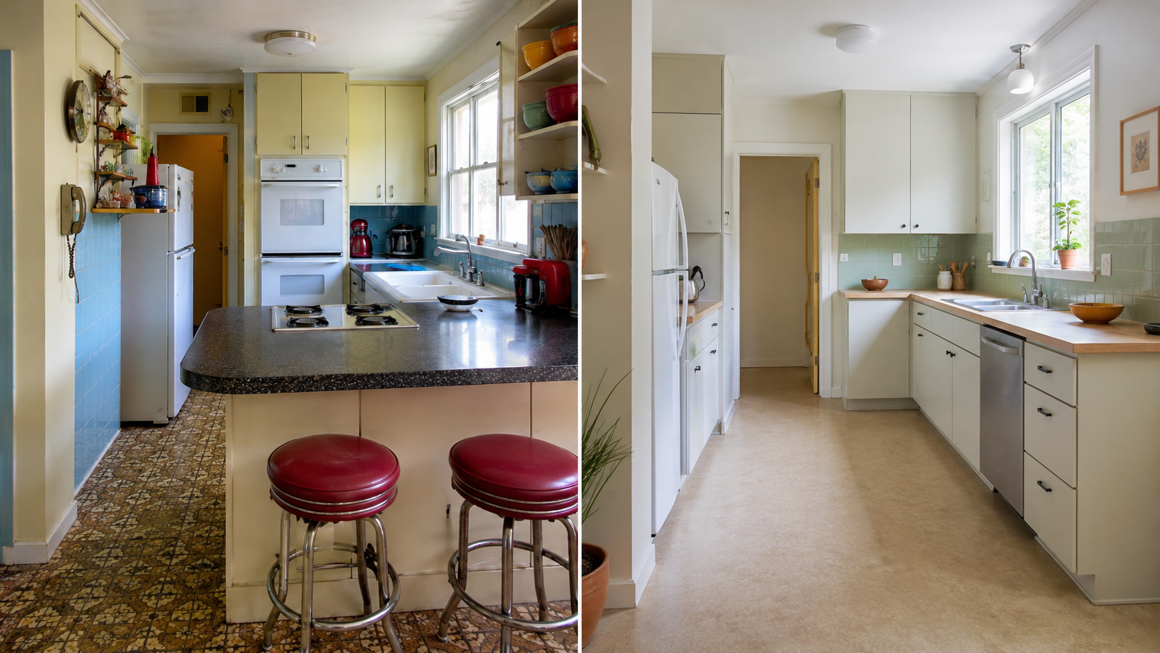 Side-by-side comparison of a cluttered 1950s kitchen remodel with an oversized island and a cleaner remodel with better light, simpler cabinets, and clearer circulation.