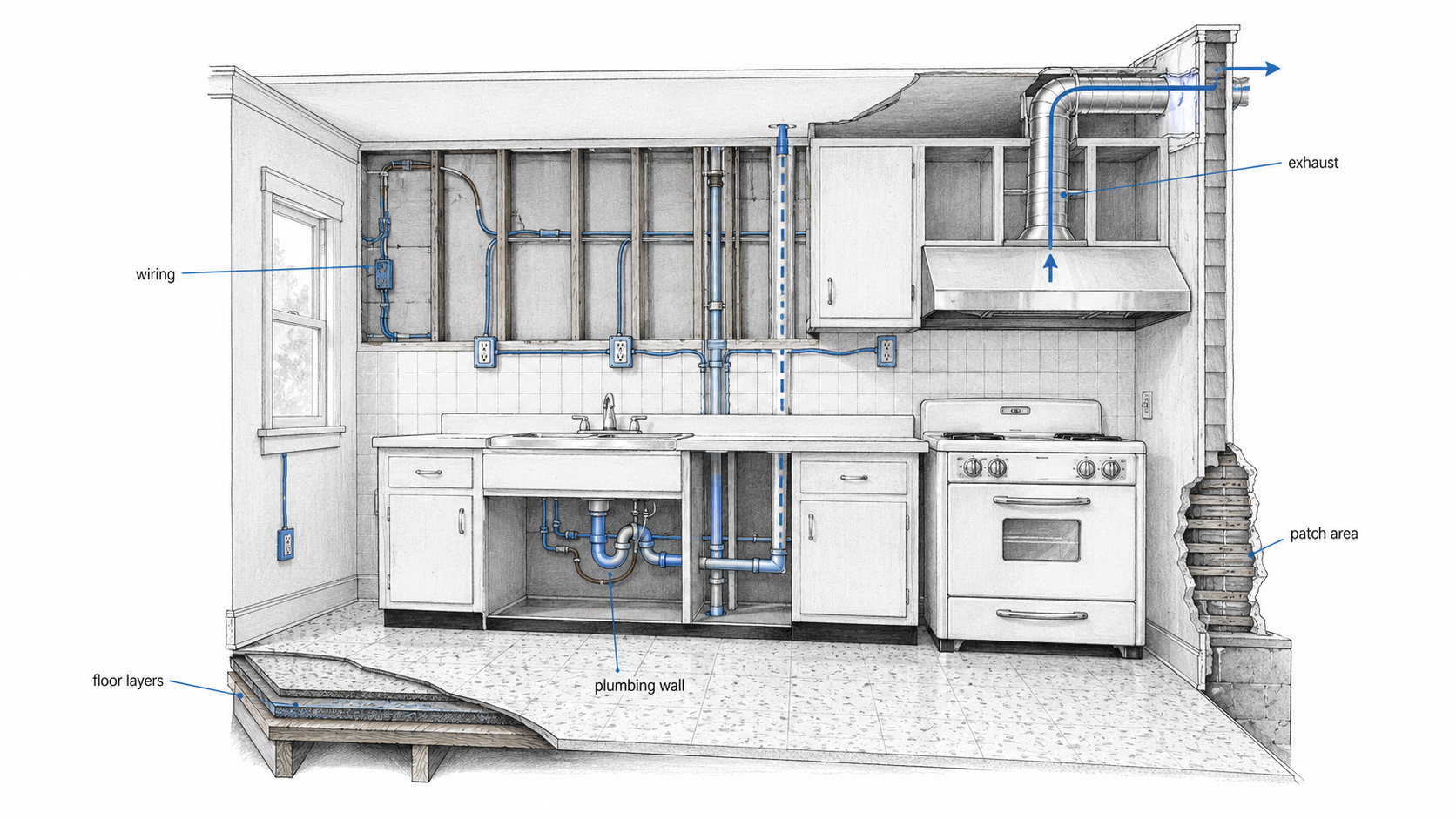 1950s-kitchen-hidden-systems.webp  Cutaway diagram of a 1950s kitchen showing wiring, plumbing wall, exhaust duct, floor layers, and repair areas hidden behind a remodel.