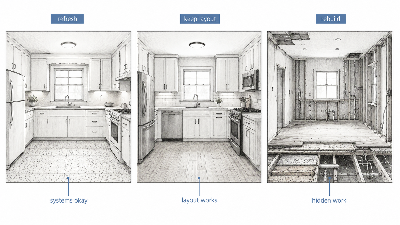 Decision diagram showing three 1950s kitchen remodel paths refresh, keep-layout remodel, and rebuild based on whether systems are okay, the layout works, or hidden work is required.