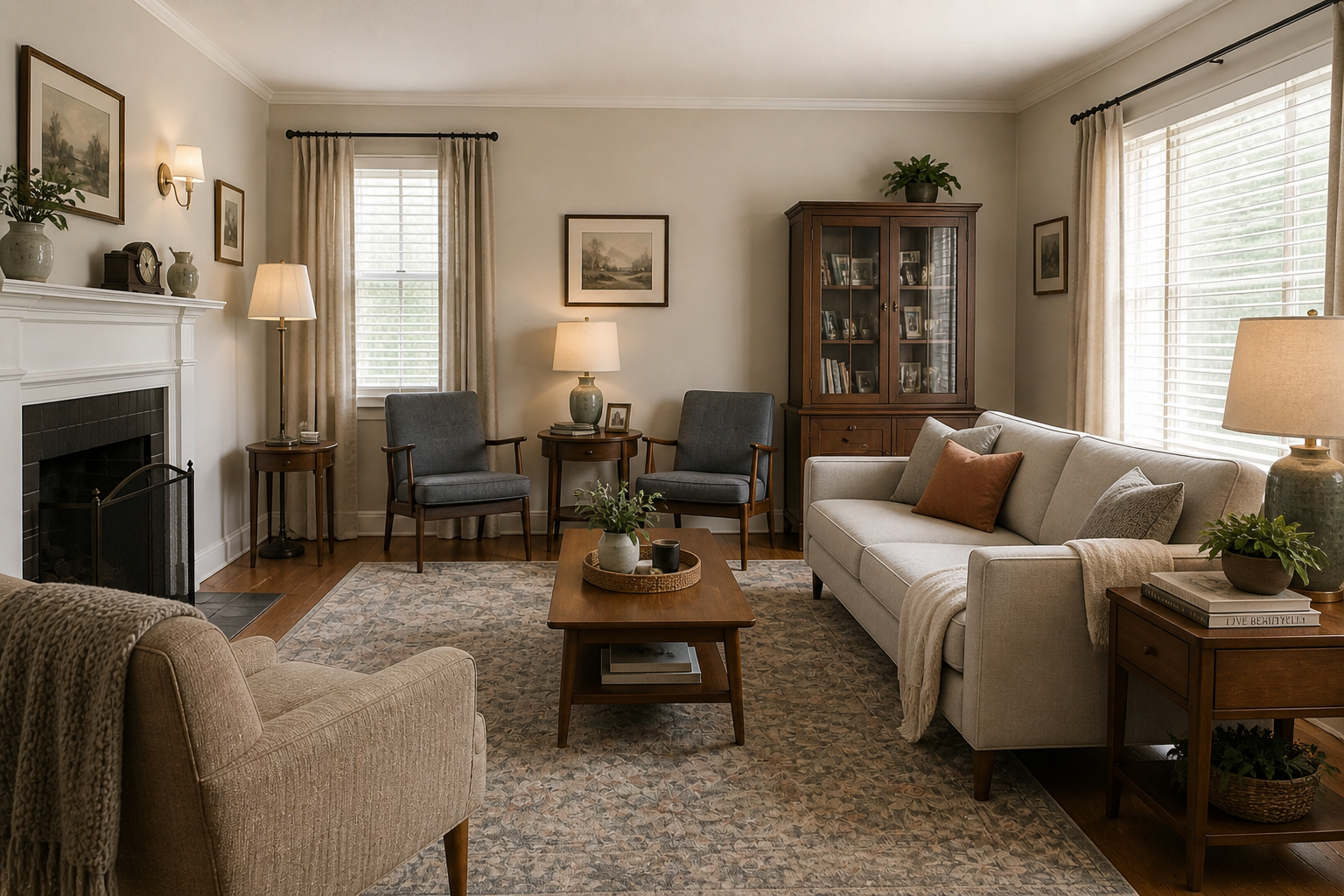 Restored 1950s living room with updated sofa, lighter curtains, vintage chairs, fireplace, wood tables, and soft neutral finishes.