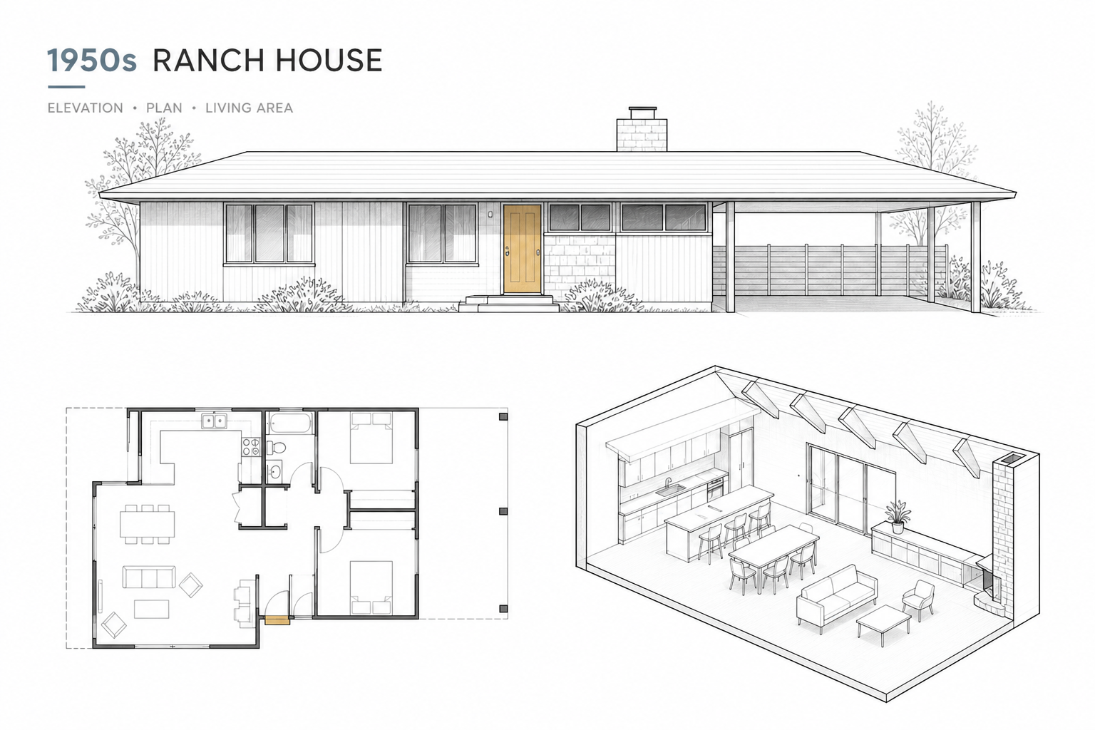 1950s ranch house diagram showing exterior elevation, floor plan, and open living area.