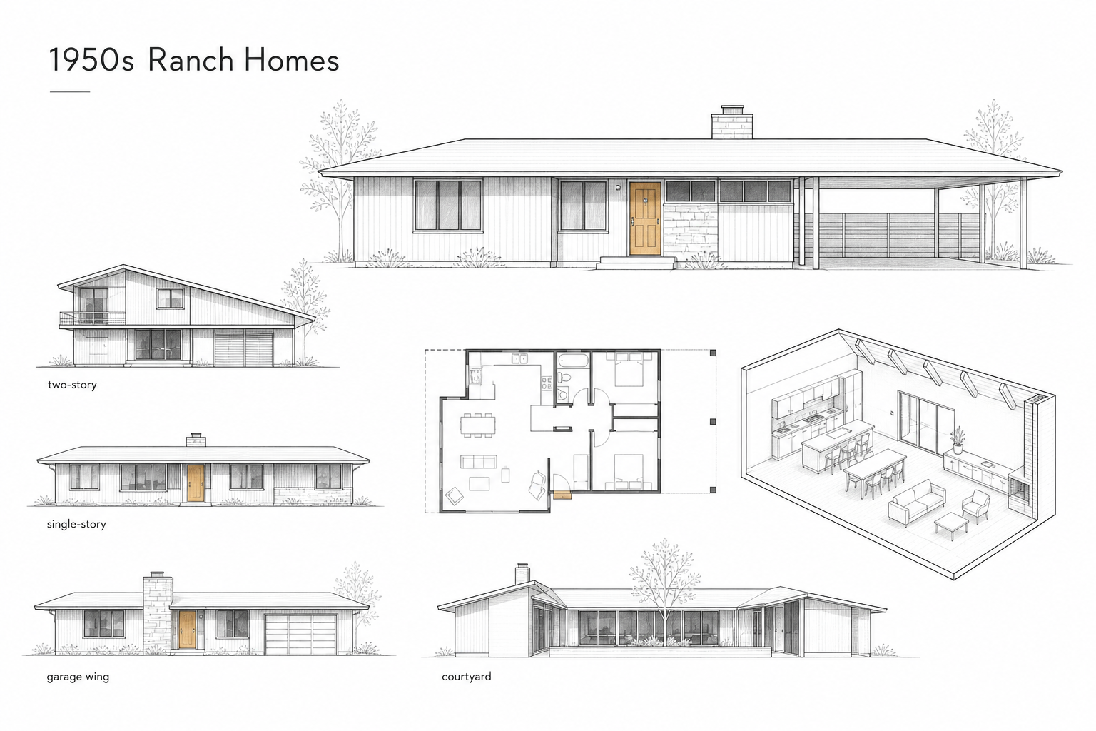 Architectural study of a 1950s ranch house showing the front elevation, floor plan, and kitchen-living cutaway.