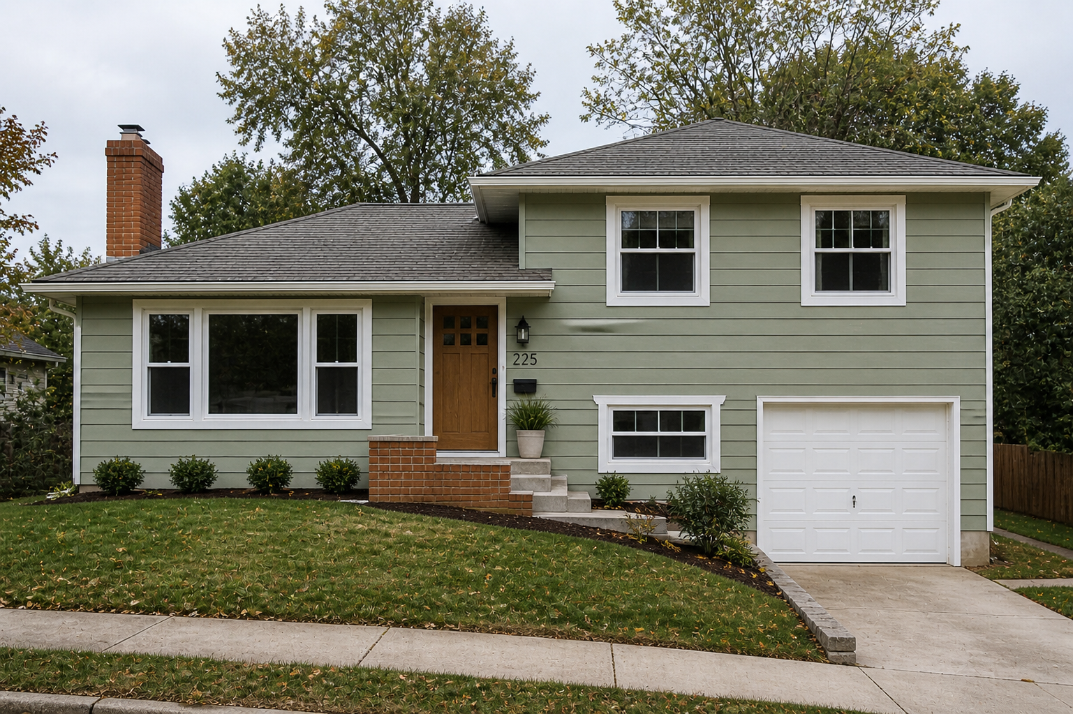 Restored 1950s split-level house with updated siding, garage level, brick chimney, and front entry.