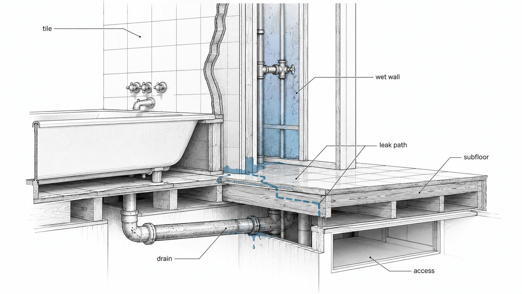 Cutaway diagram of a 1960s bathroom remodel showing tile, wet wall plumbing, drain line, subfloor, leak path, and ceiling access below the floor.