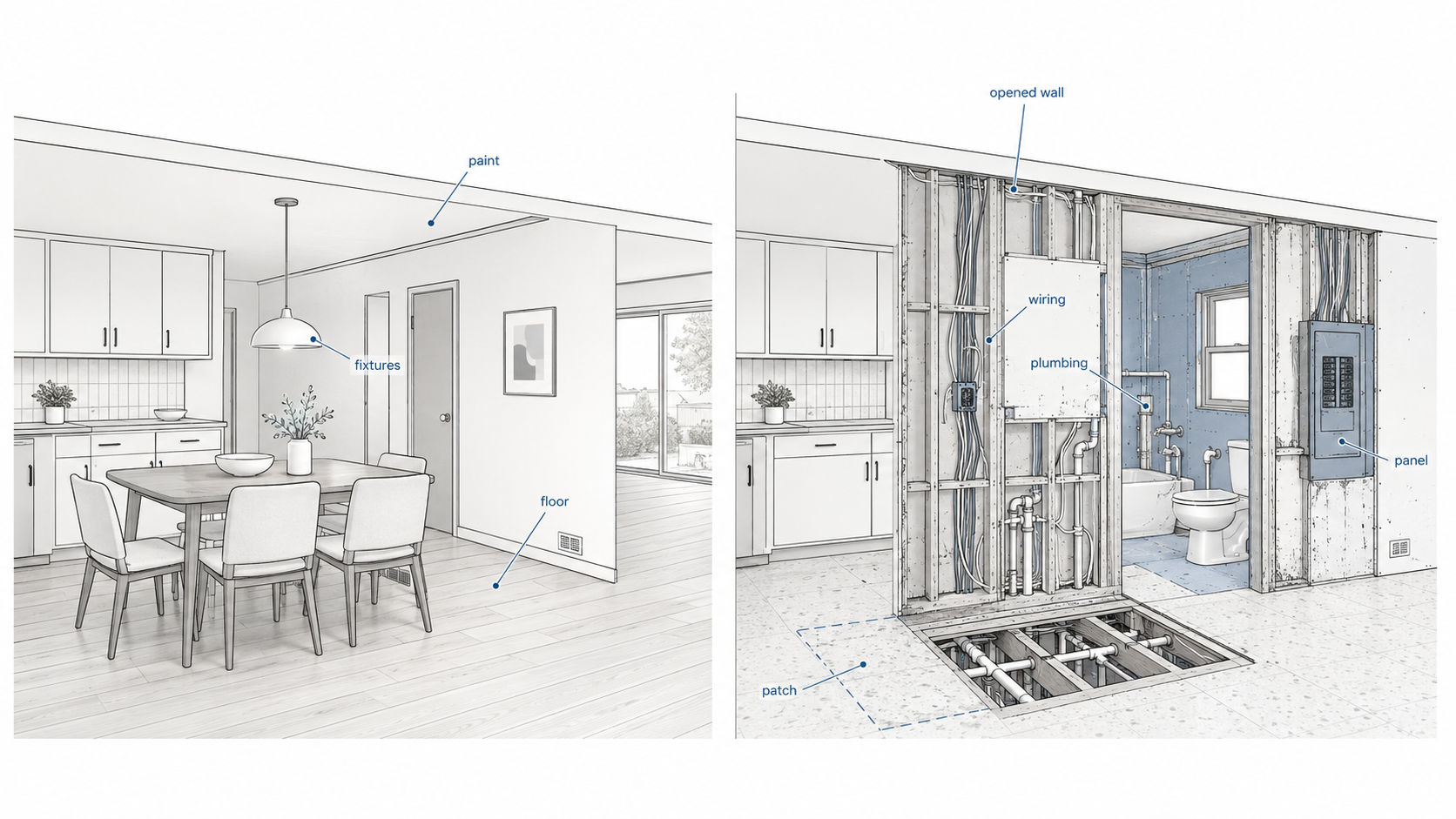 Comparison diagram showing a cosmetic 1960s house update with paint, fixtures, and flooring beside a systems project with opened walls, wiring, plumbing, an old panel, and floor patching.