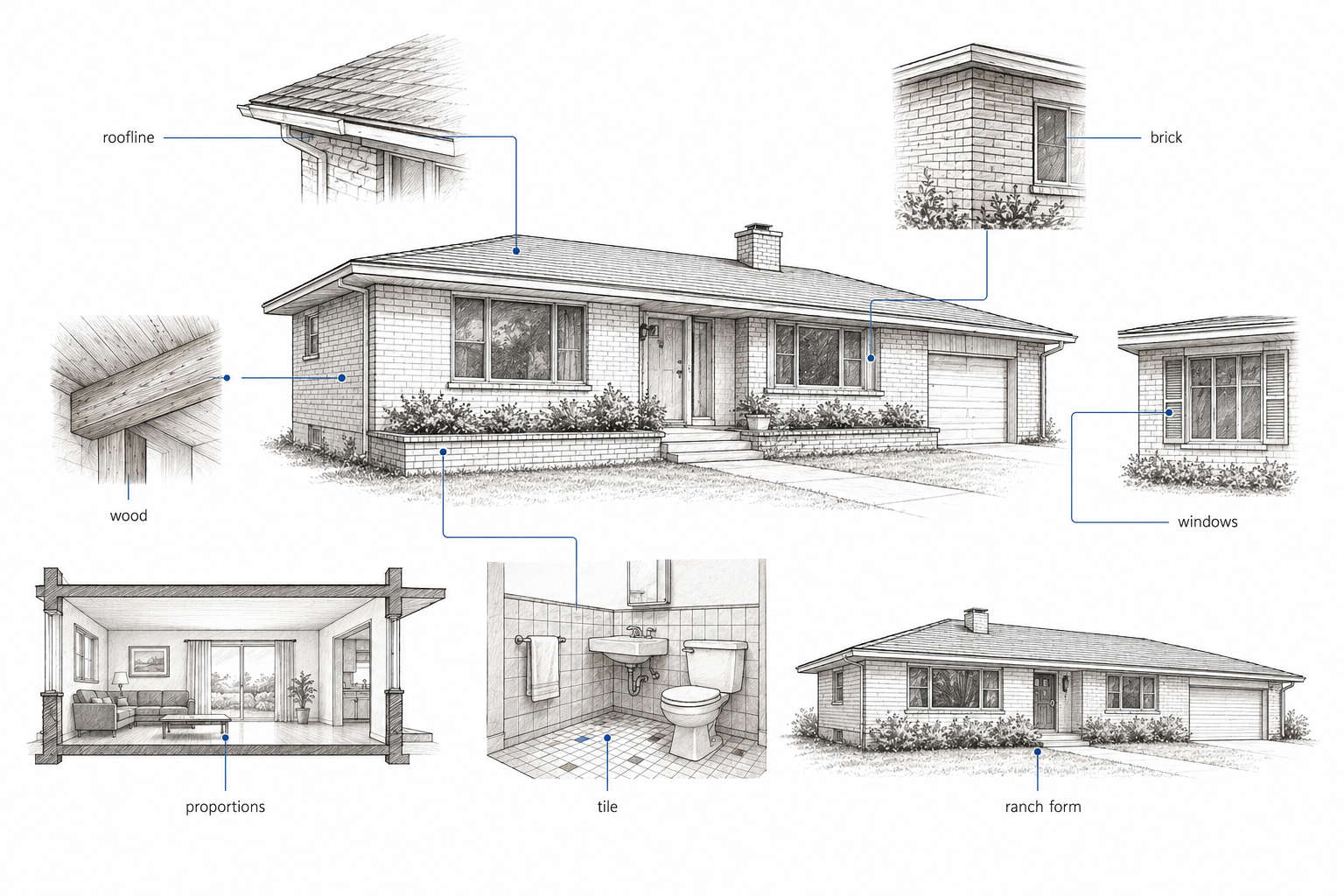 Diagram showing 1960s ranch house features worth keeping, including the simple roofline, brick masonry, original wood, balanced windows, room proportions, vintage tile, and modest ranch form.