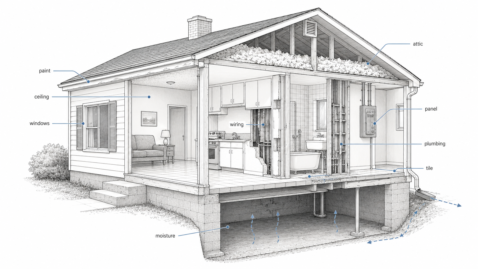 Cutaway diagram of a 1960s house showing hidden renovation inspection points including paint, ceiling texture, windows, attic insulation, wiring, plumbing, tile, electrical panel, crawlspace moisture, and exterior drainage.
