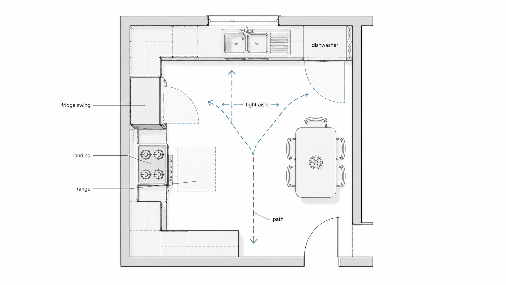 Kitchen floor plan showing appliance clearance problems in a 1960s kitchen, including fridge swing, dishwasher swing, tight aisle space, landing space, and traffic crossing the work area.