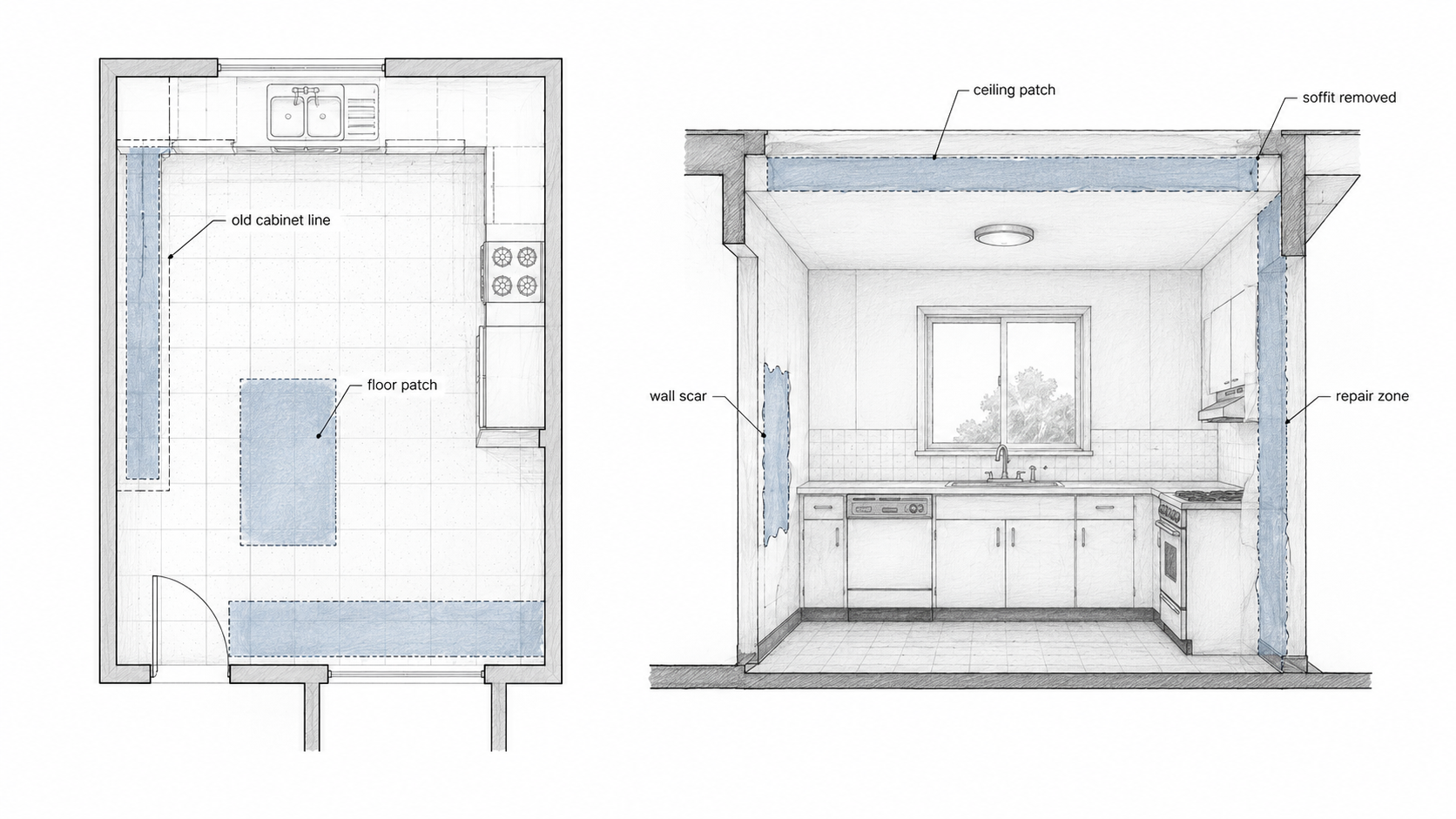 Diagram showing floor patches, old cabinet lines, ceiling patching, soffit removal, wall scars, and repair zones after a 1960s kitchen remodel.