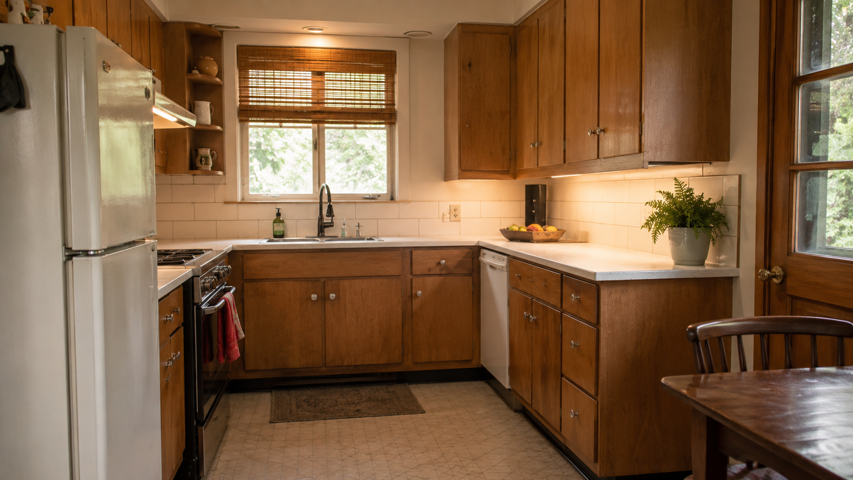 Renovated 1960s kitchen with original wood cabinets, updated lighting, modest counters, and preserved built-in character.