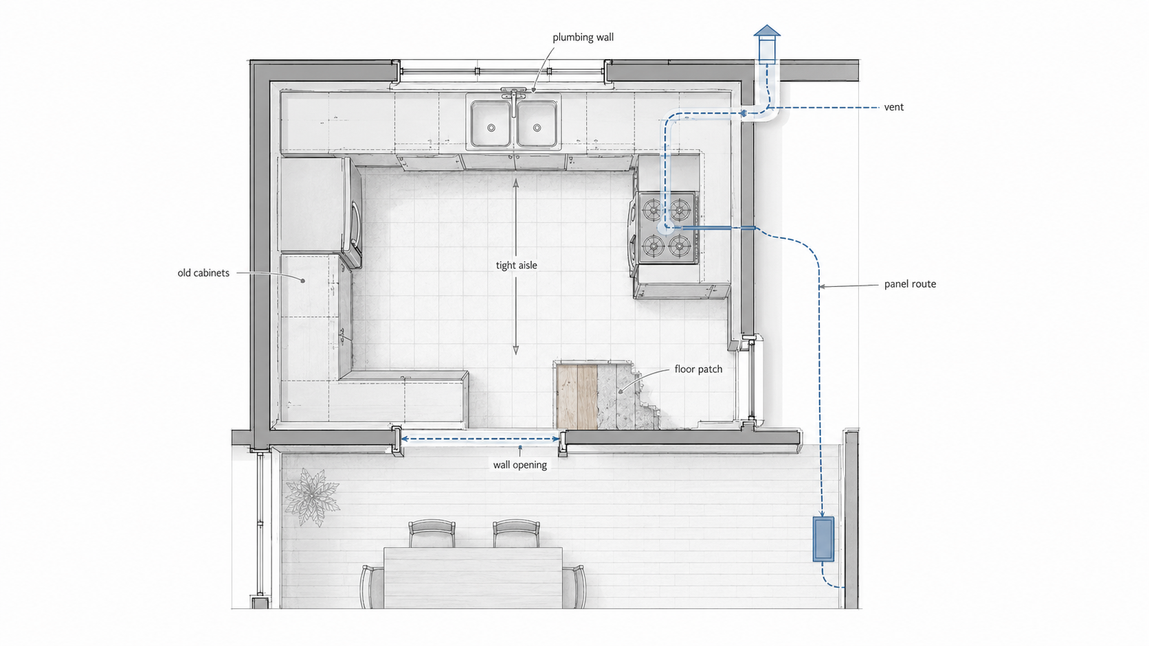 Plan diagram of a 1960s kitchen remodel showing old cabinet runs, tight aisle spacing, a plumbing wall, vent route, panel route, wall opening, and flooring patch area.