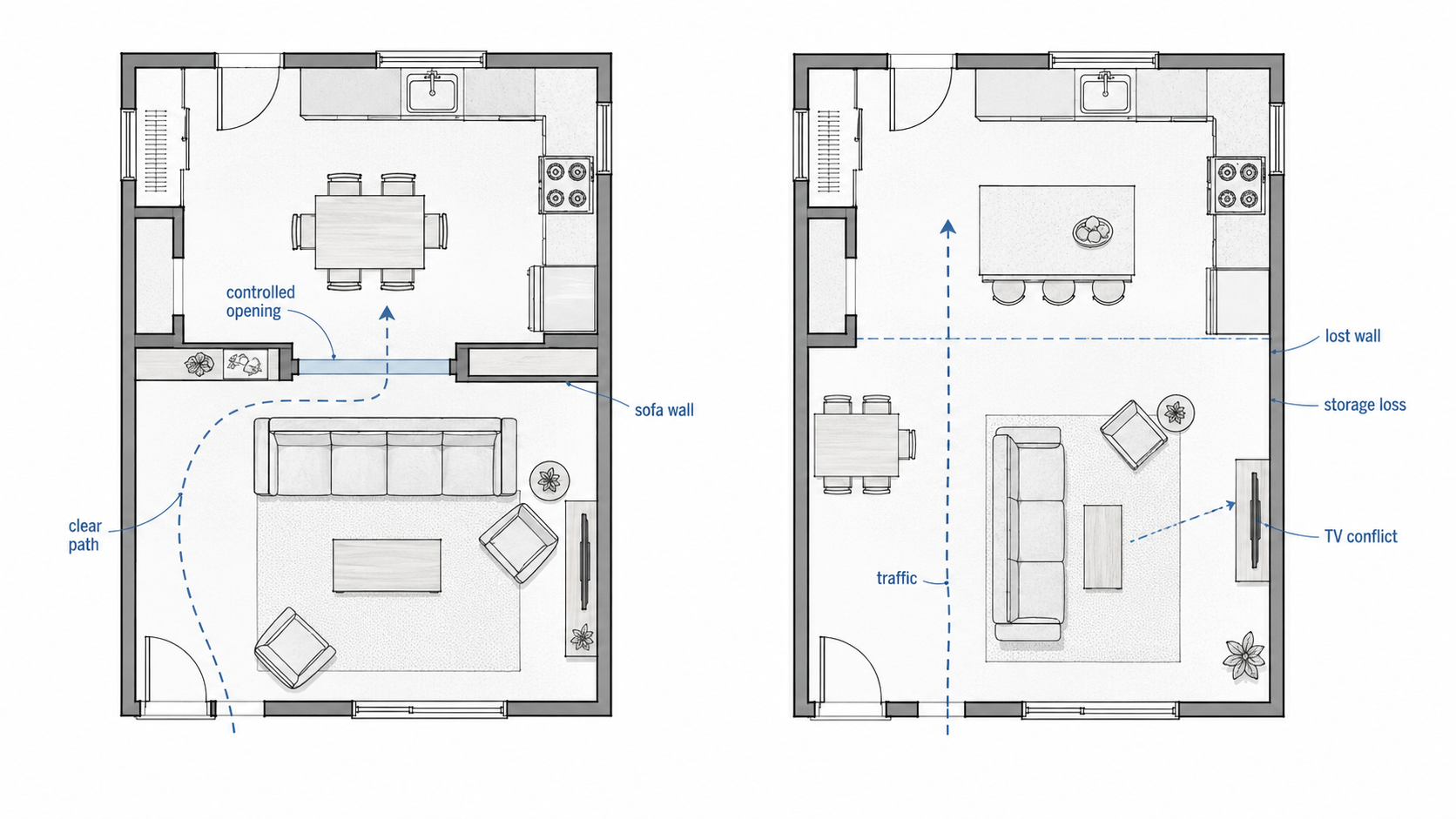 Comparison plan diagram showing a controlled kitchen wall opening that keeps a sofa wall and clear circulation beside an oversized opening that causes traffic conflicts, storage loss, and living room layout problems.