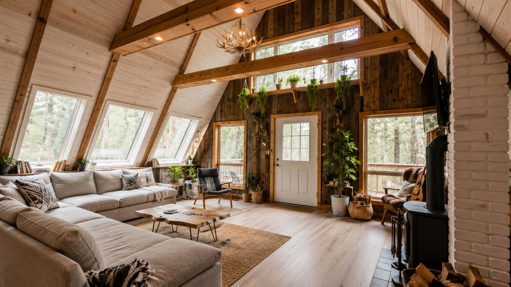 A-frame cabin living room with sloped wood ceiling, exposed beams, sectional sofa, plants, wood stove, and forest windows.