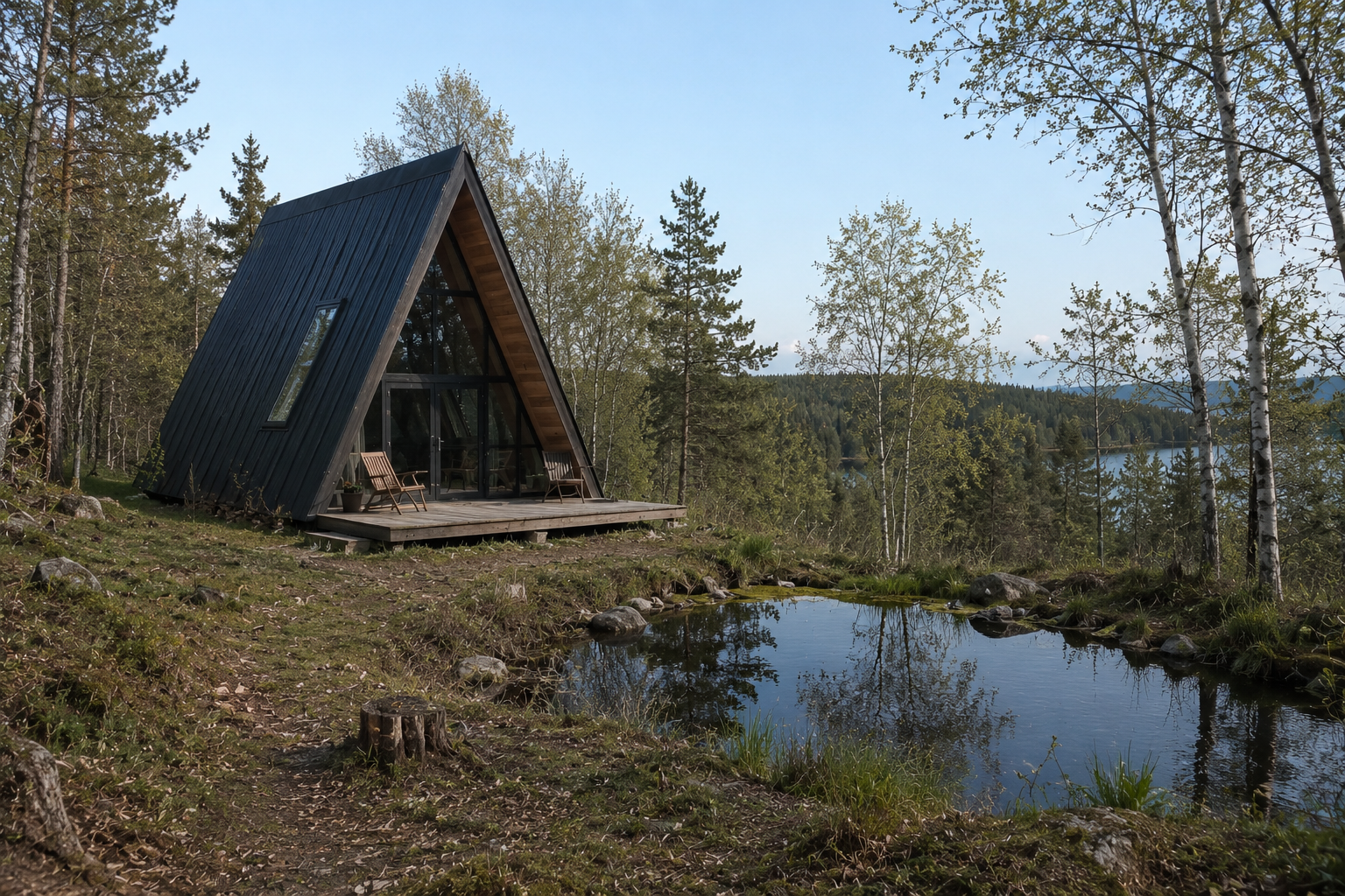 Dark A-frame cabin beside a rough natural pond with trees, rocks, and a wooded lake view.