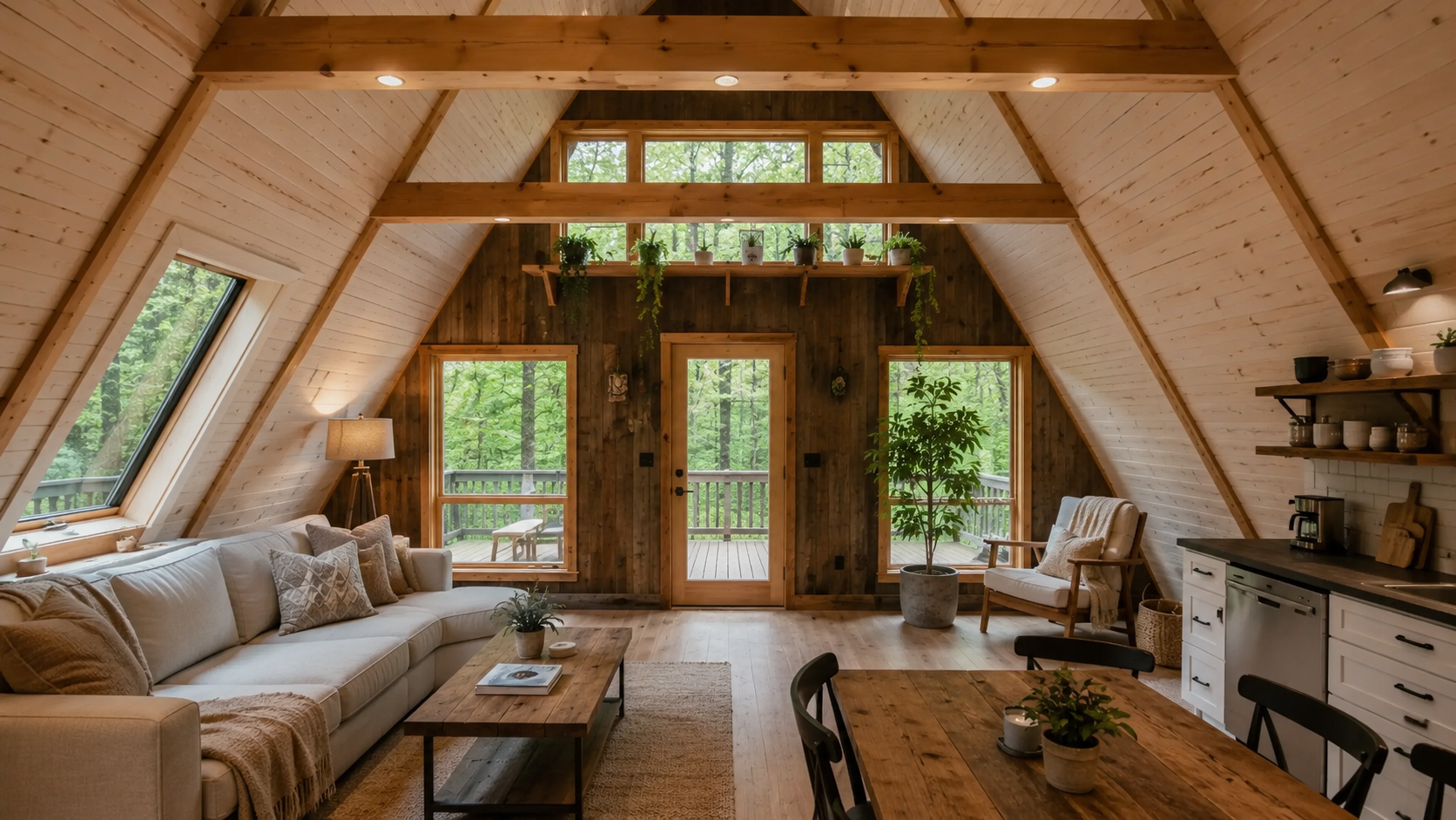 A-frame tiny house interior with sloped wood walls, exposed beams, sofa, kitchen, and large windows facing the forest.  Caption