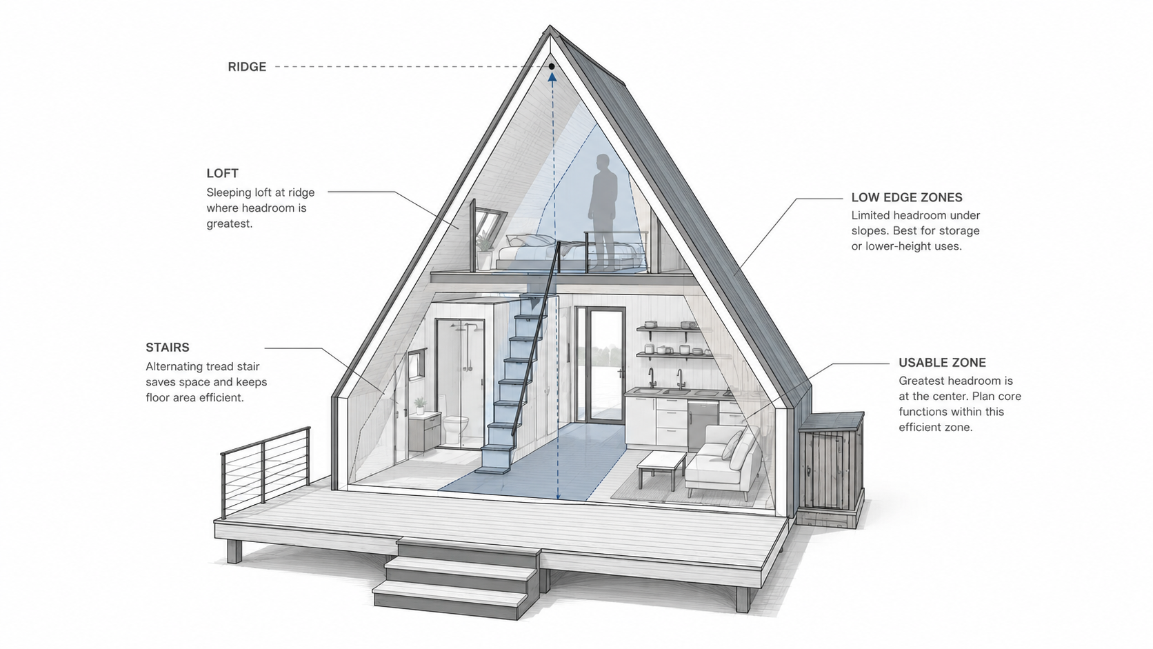 Cutaway diagram of an A-frame tiny house showing the loft, stairs, low roof edges, ridge height, and usable center floor area.