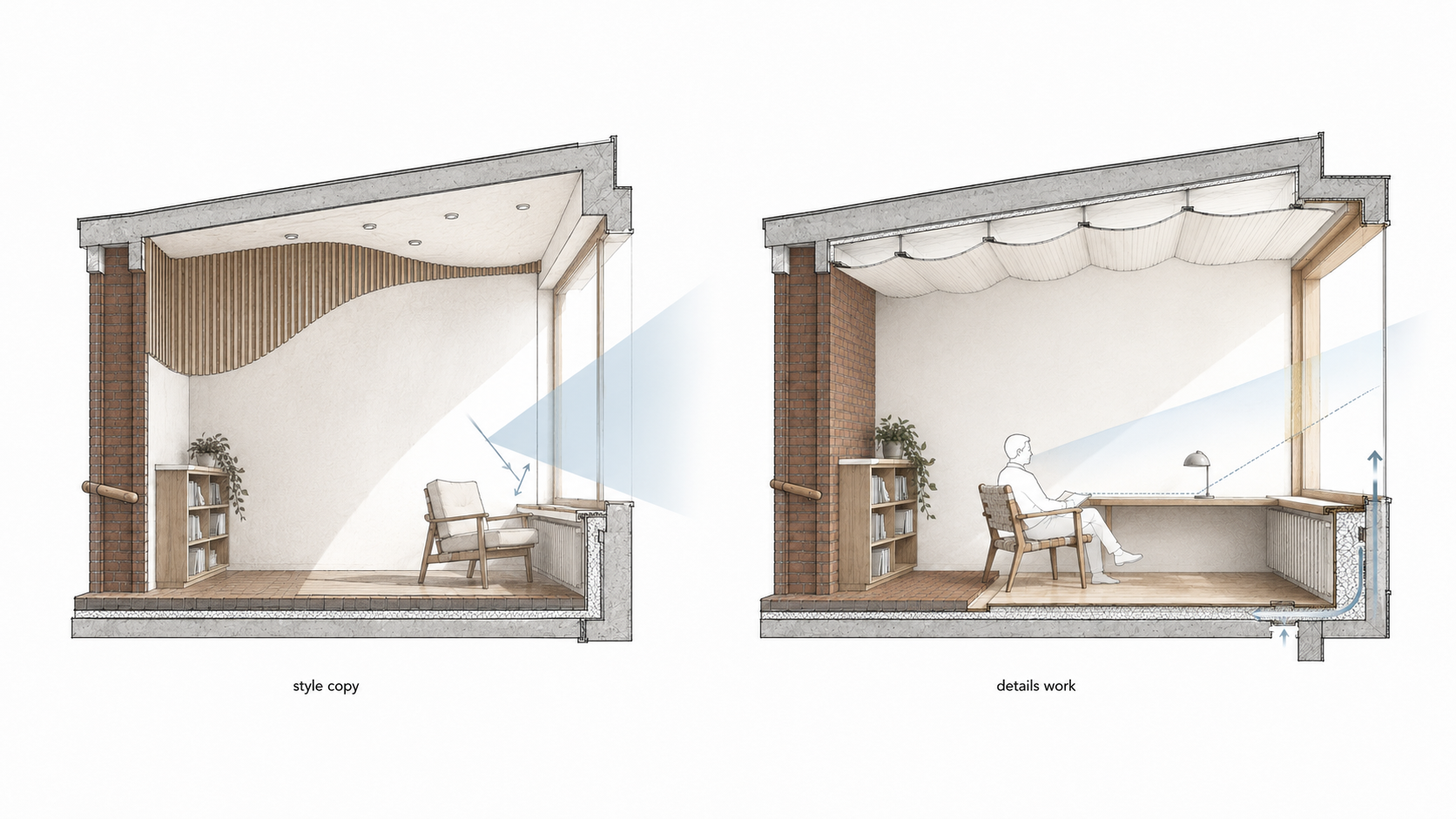 Architectural comparison diagram showing a weak Aalto-style copy with decorative curves beside a better Aalto-inspired section based on daylight, acoustics, touch points, furniture placement, and seated comfort.