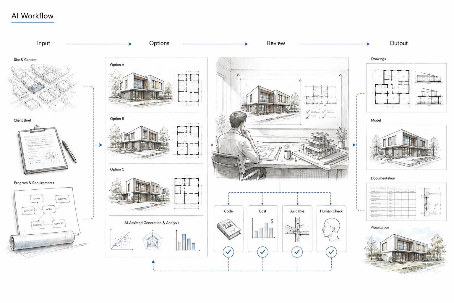 AI architecture workflow diagram showing site input, design options, architect review, code and cost checks, and final drawing output.