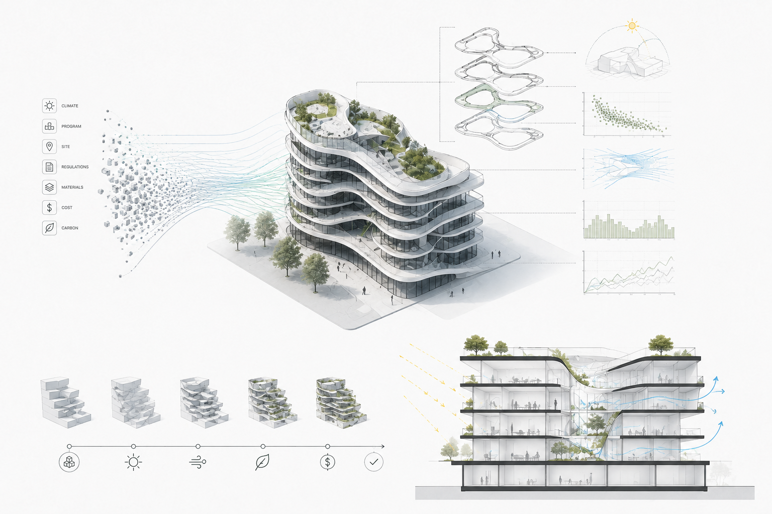 AI design decision loop diagram showing building form options, environmental testing, airflow, daylight, and section performance.