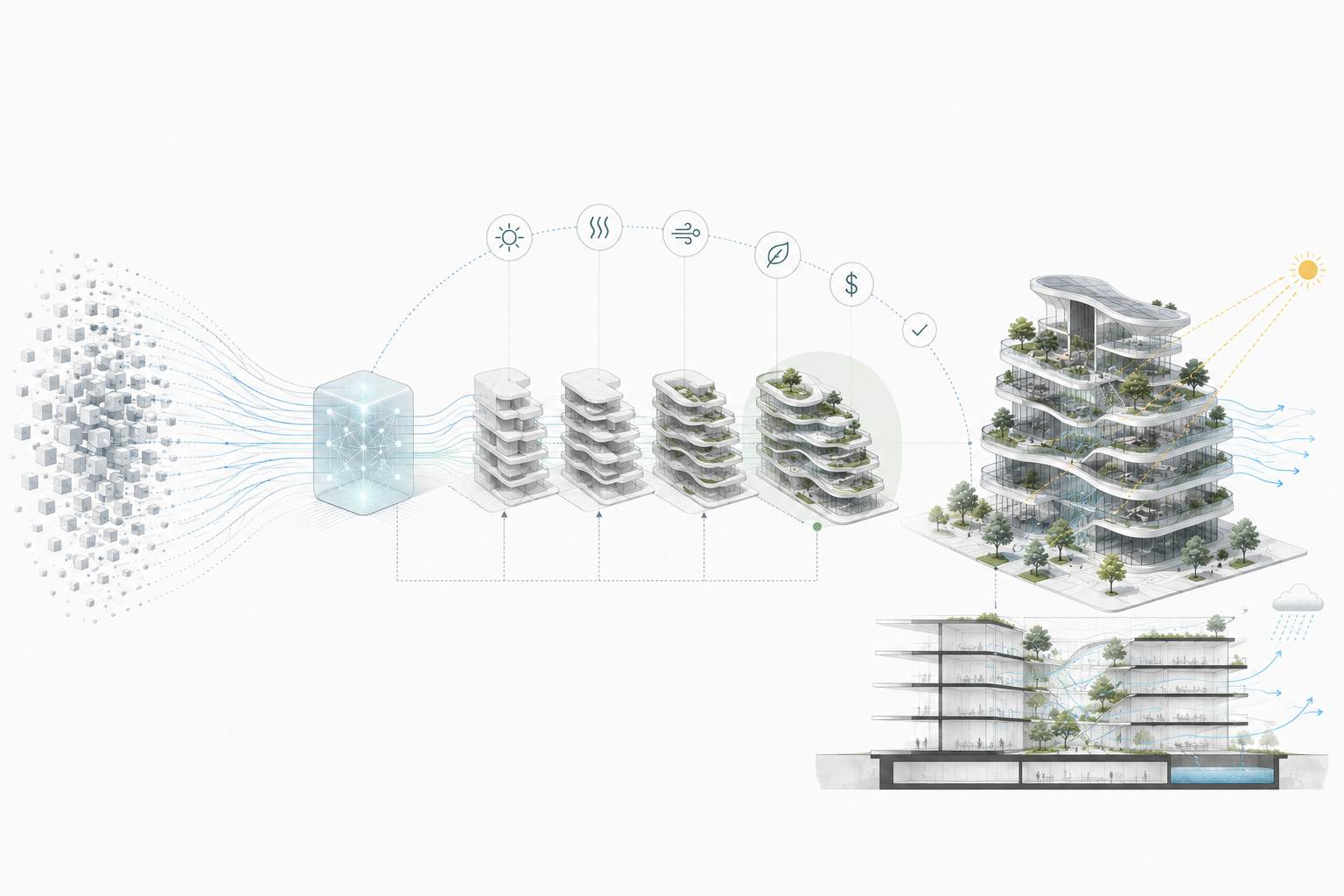 AI design workflow header showing data streams becoming building options, performance checks, and a final sustainable building concept.