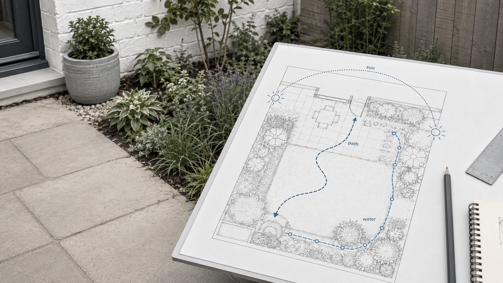 AI-assisted home garden design check showing sun path, walking route, and watering route over a simple garden plan.