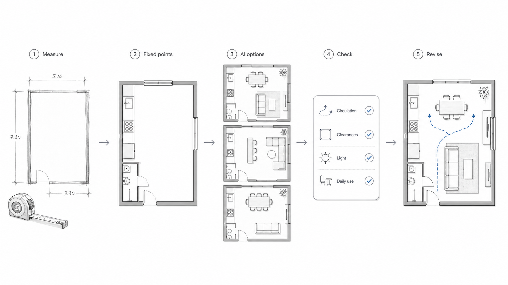 Diagram showing how AI can help test room measurements, fixed points, layout options, circulation, clearances, light, and daily-use problems.